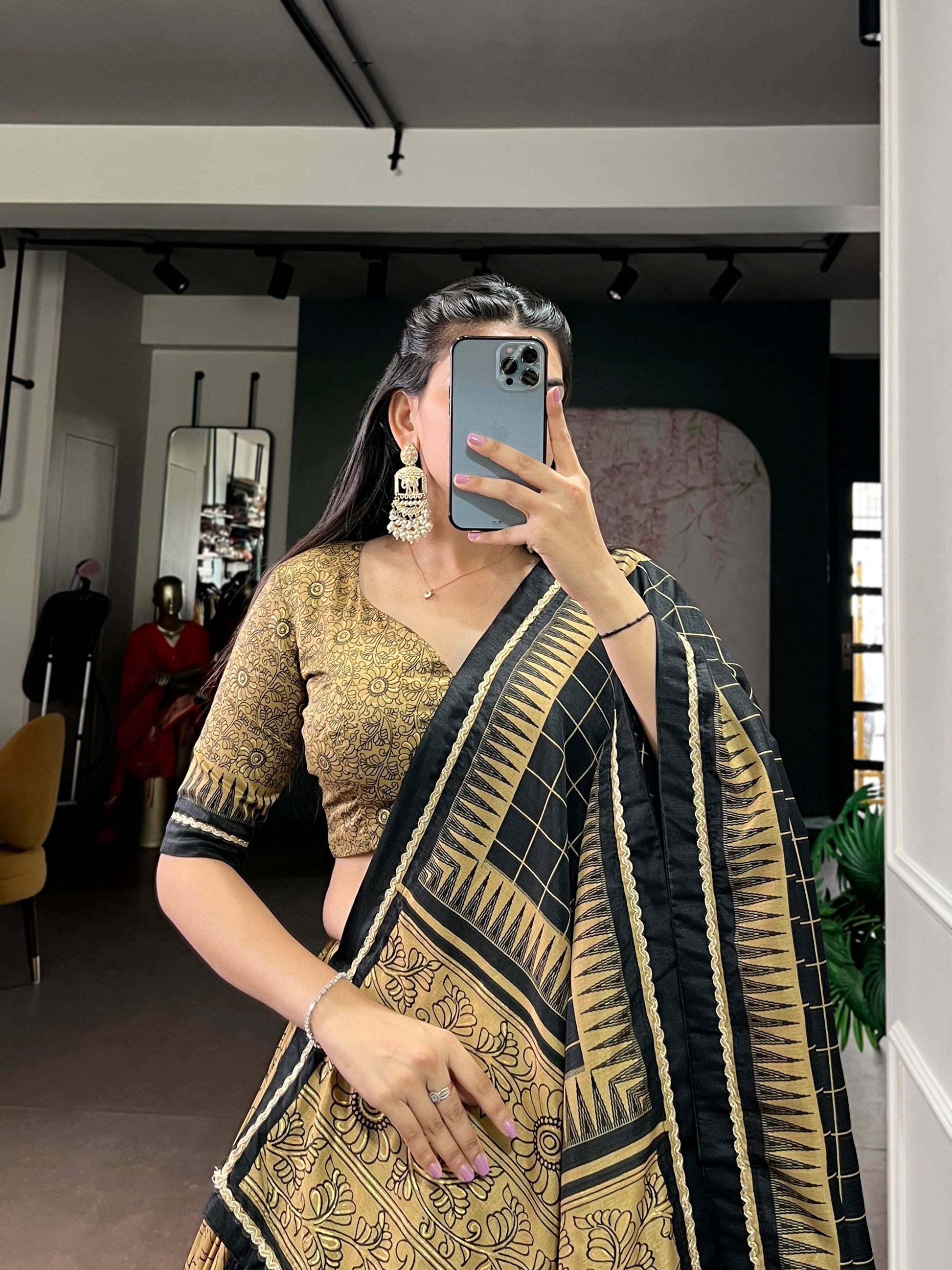 Lorenvalley Fashion Gold Tasar Silk Kalamkari Print With Lace Border Lehenga Choli with Dupatta