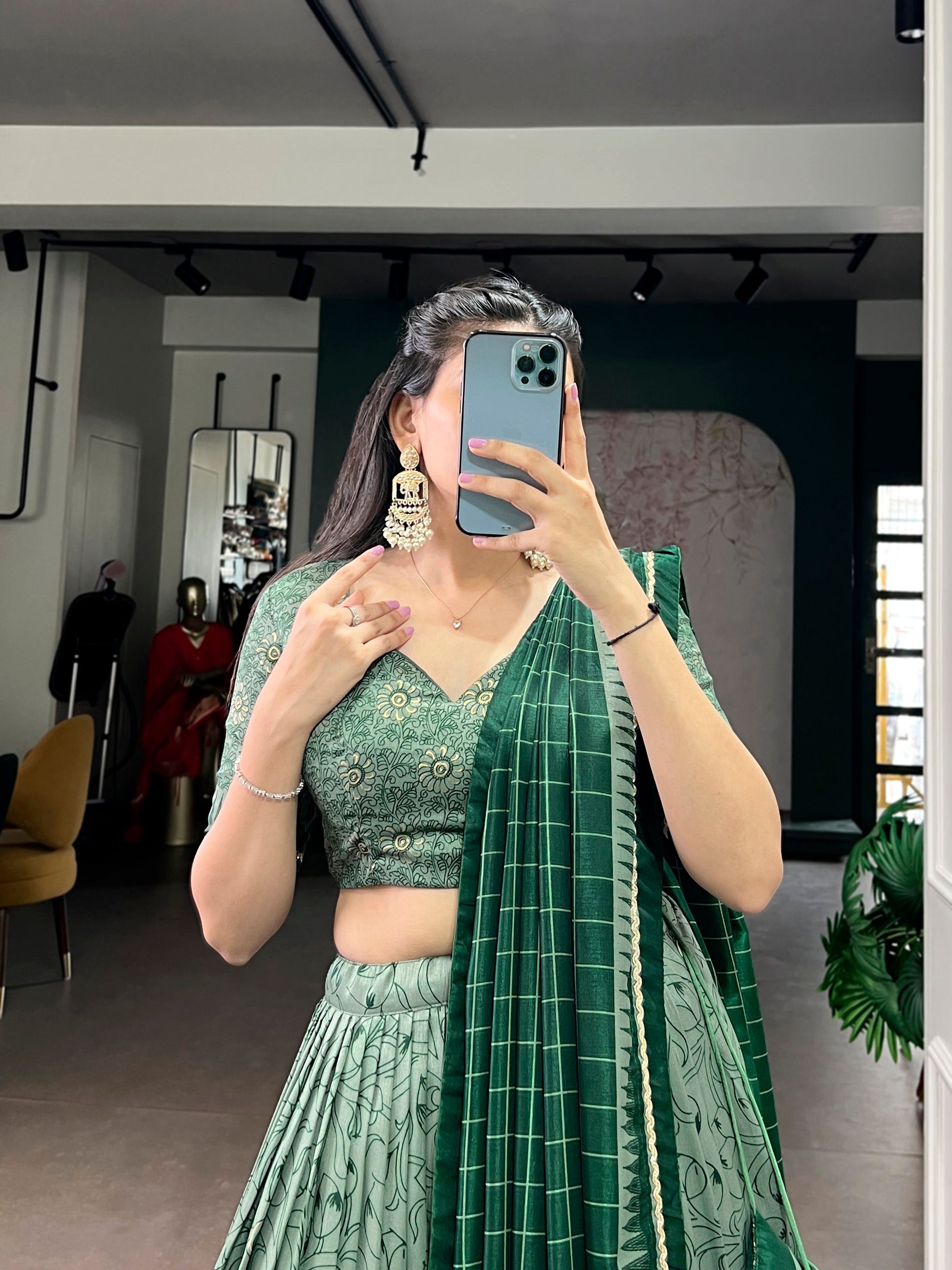 Lorenvalley Fashion Green Tasar Silk Kalamkari Print With Lace Border Lehenga Choli with Dupatta