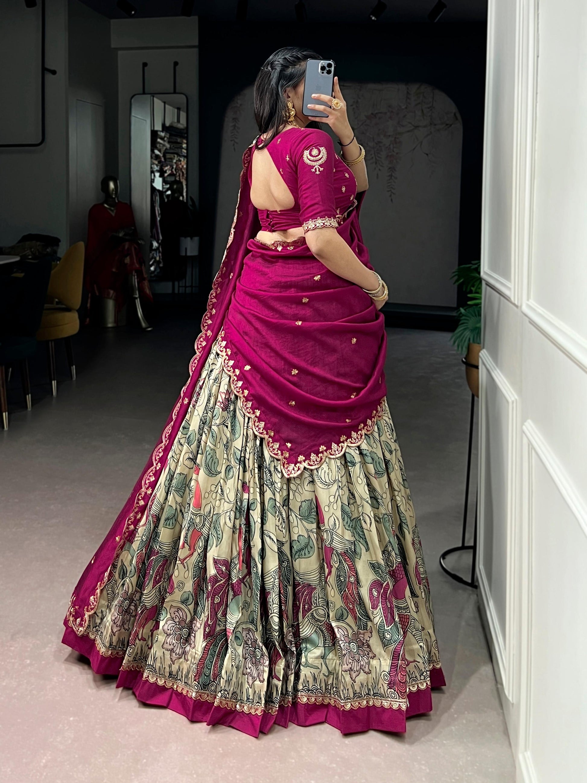 Lorenvalley Fashion Multicolor Tasar Silk Kalamkari Print with Lace Border Lehenga Choli with Dupatta