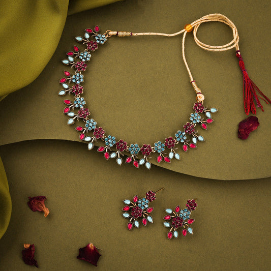 Tehzeeb Creations Brass Gold-Polished Gold, Pink, Blue Jewel Set