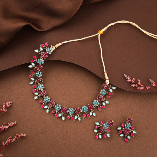 Tehzeeb Creations Brass Gold-Polished Gold, Pink, Blue Jewel Set