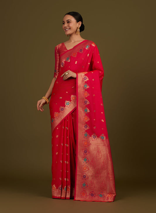 Monjolika Fashion Dark Pink Banarasi Silk Blend SareeWith Zari Woven Detailing