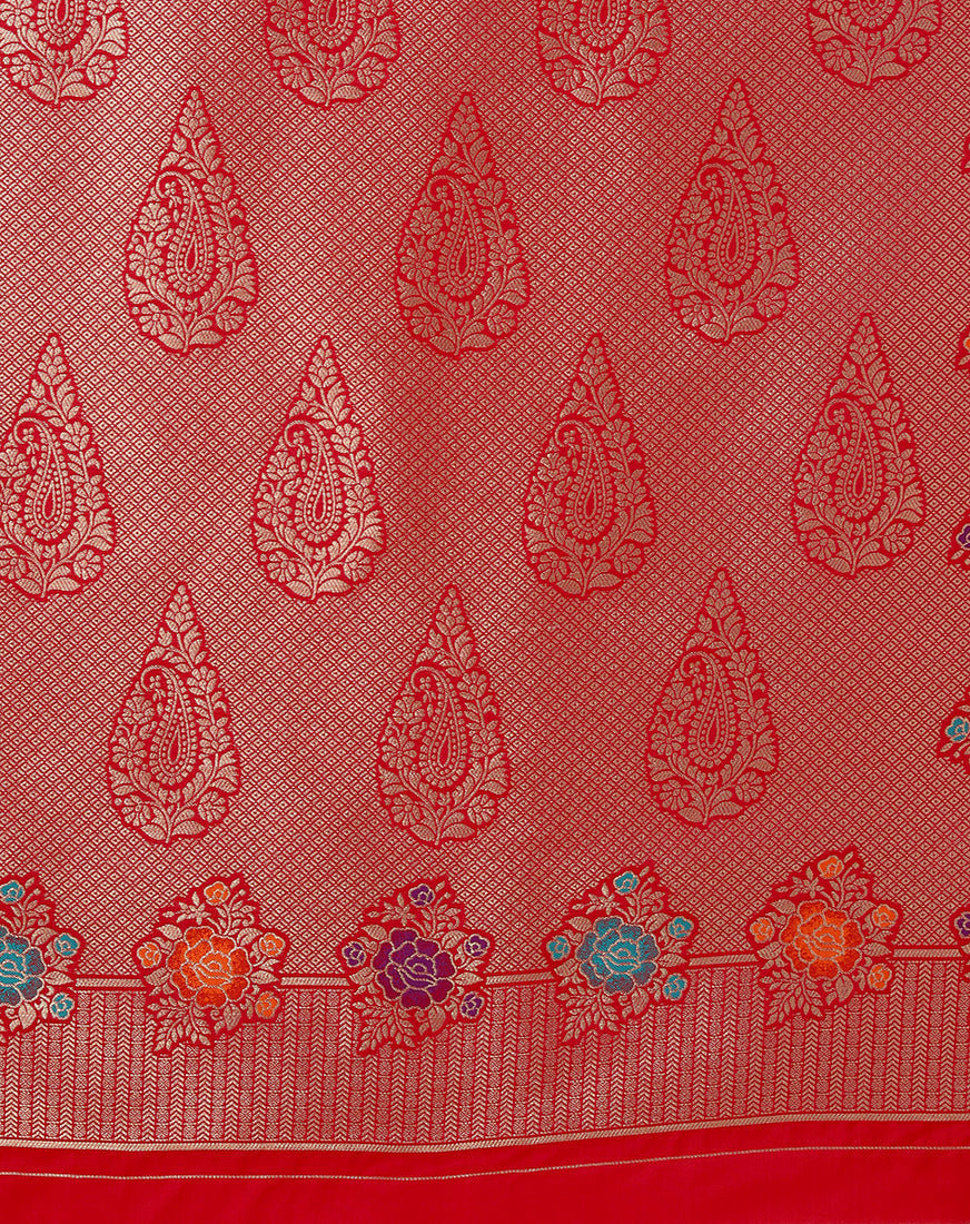 Monjolika Fashion Red Banarasi Silk Blend SareeWith Zari Woven Detailing | Swadesiicart