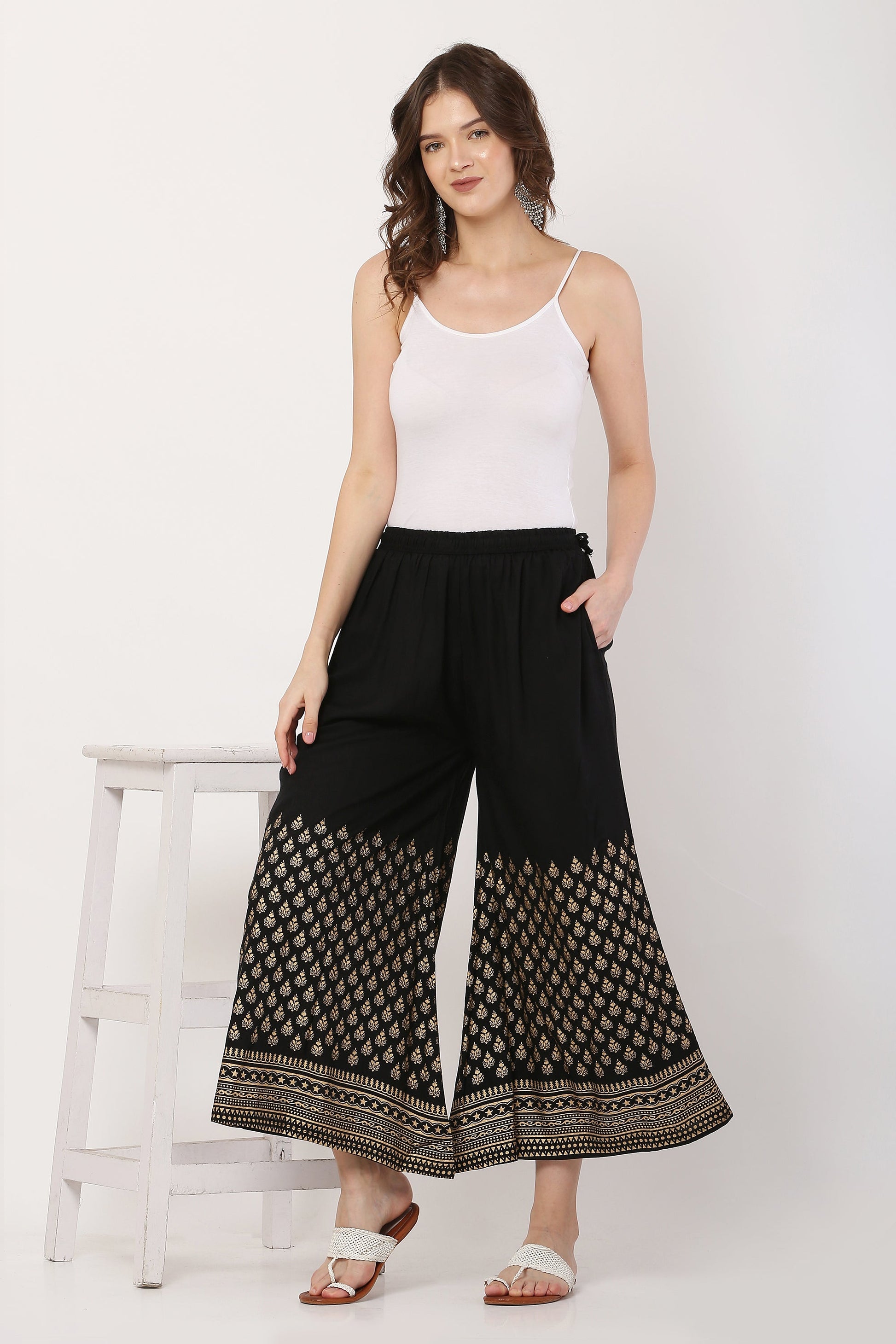 PAVONINE Black Color Minar Half Golden Print Sharara For Women