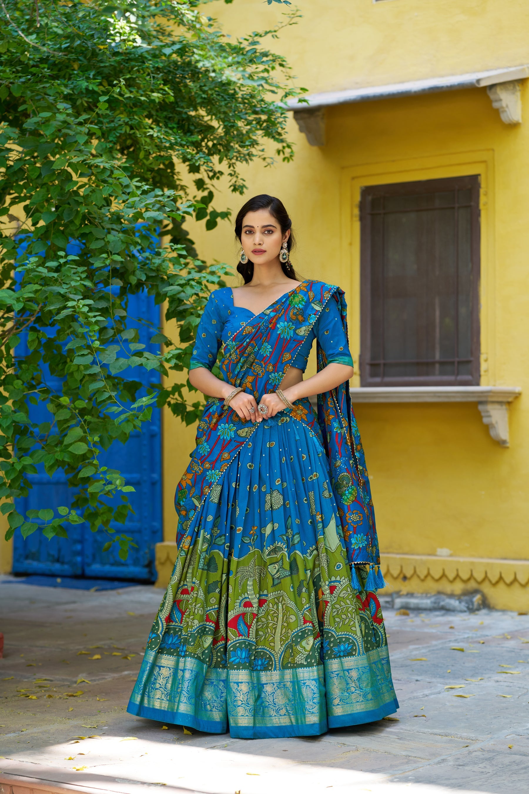 Lorenvalley Fashion Multicolor Tussar Silk Kalamkari Print with Foil Work Border Lehenga Choli with Dupatta