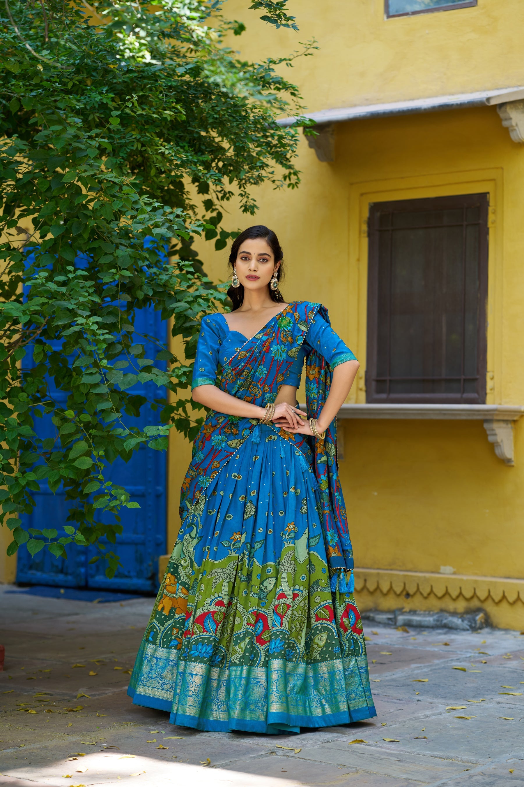 Lorenvalley Fashion Multicolor Tussar Silk Kalamkari Print with Foil Work Border Lehenga Choli with Dupatta