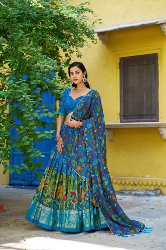 Lorenvalley Fashion Multicolor Tussar Silk Kalamkari Print with Foil Work Border Lehenga Choli with Dupatta