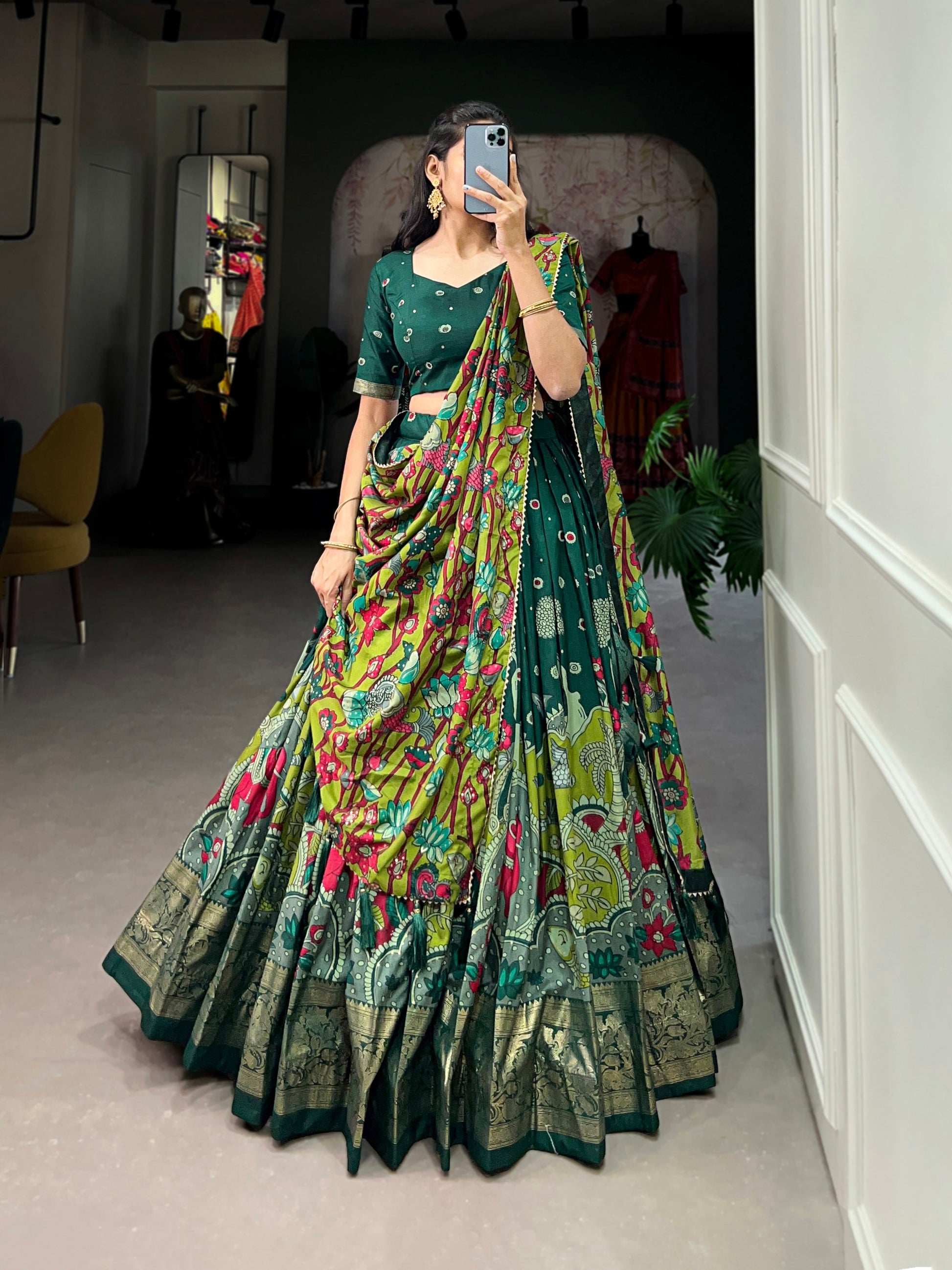 Lorenvalley Green Tussar Silk Kalamkari Print with Foil Work Border Lehenga Choli with Dupatta 