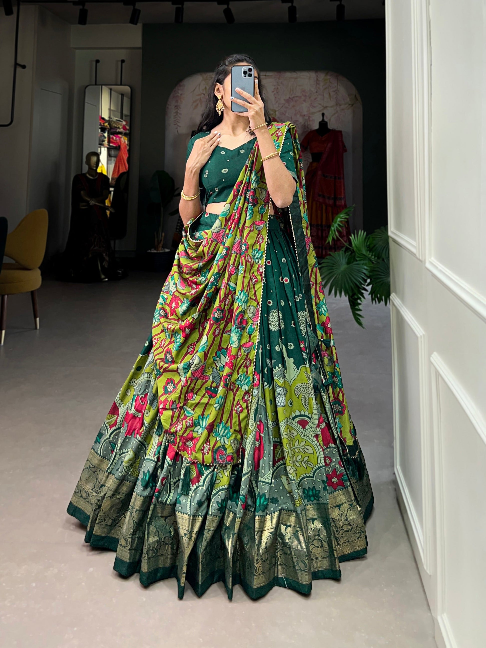 Lorenvalley Green Tussar Silk Kalamkari Print with Foil Work Border Lehenga Choli with Dupatta 