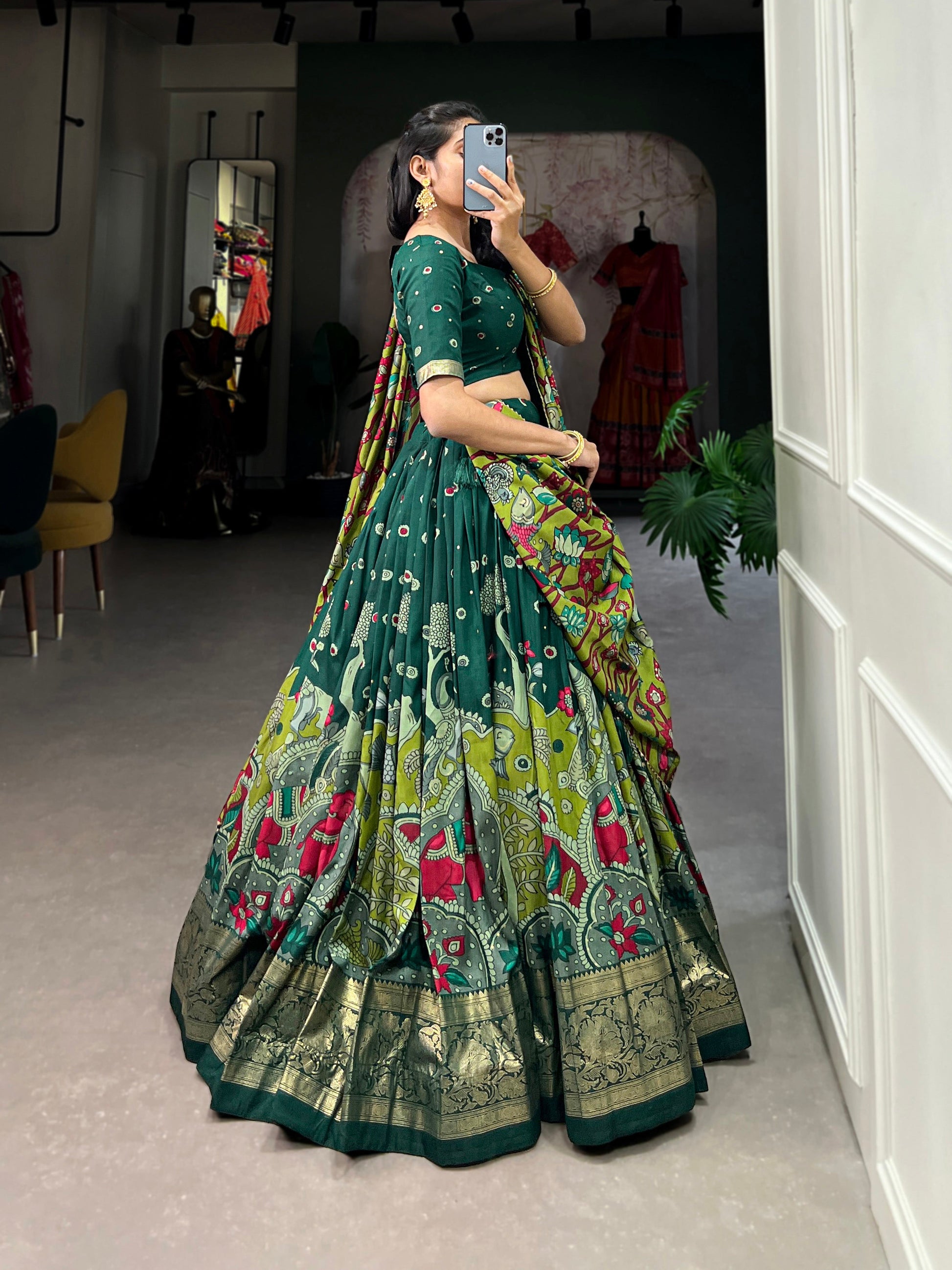 Lorenvalley Green Tussar Silk Kalamkari Print with Foil Work Border Lehenga Choli with Dupatta 