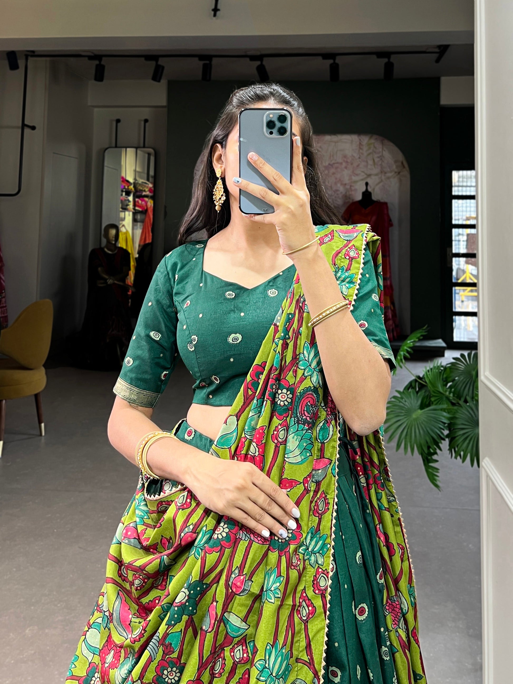 Lorenvalley Green Tussar Silk Kalamkari Print with Foil Work Border Lehenga Choli with Dupatta 