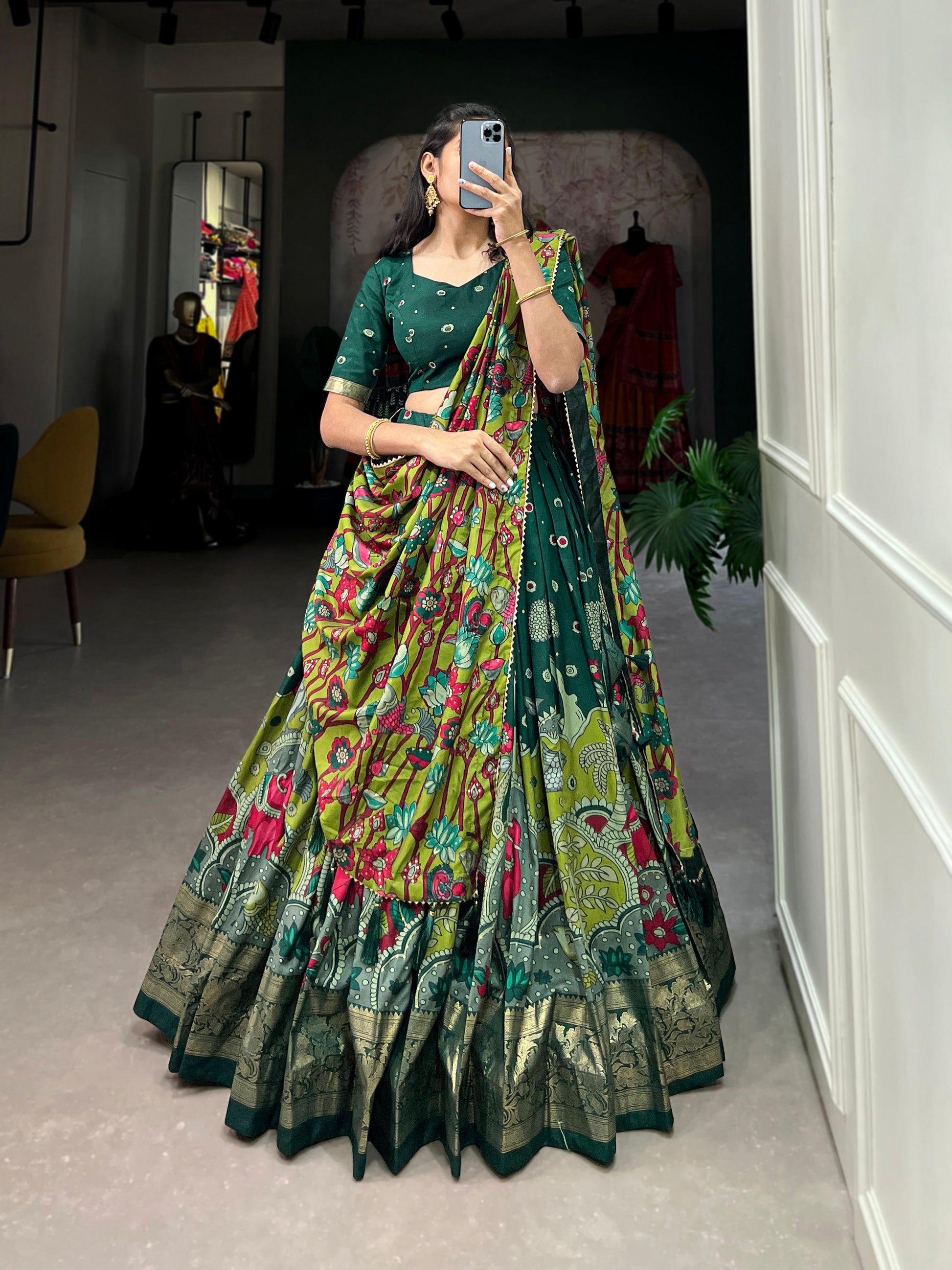 Lorenvalley Green Tussar Silk Kalamkari Print with Foil Work Border Lehenga Choli with Dupatta 