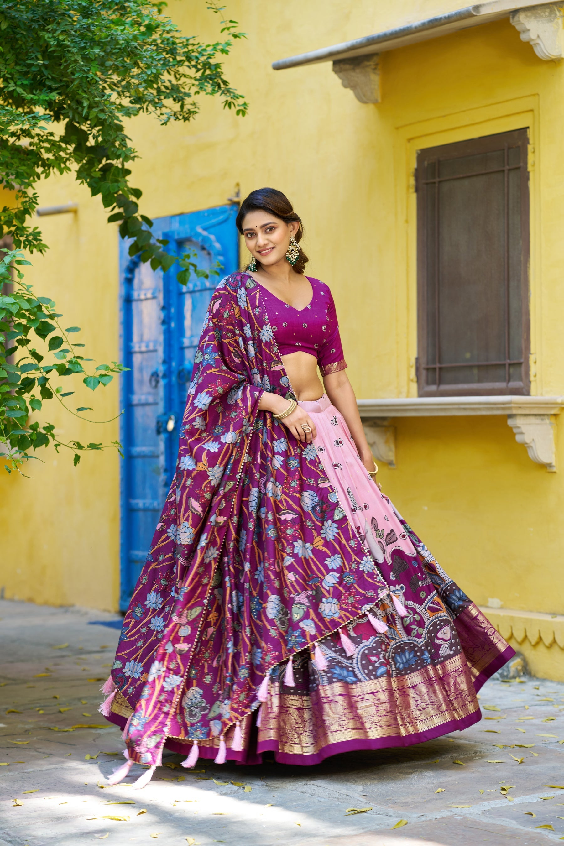 Lorenvalley Fashion Multicolor Tussar Silk Kalamkari Print with Foil Work Border Lehenga Choli with Dupatta