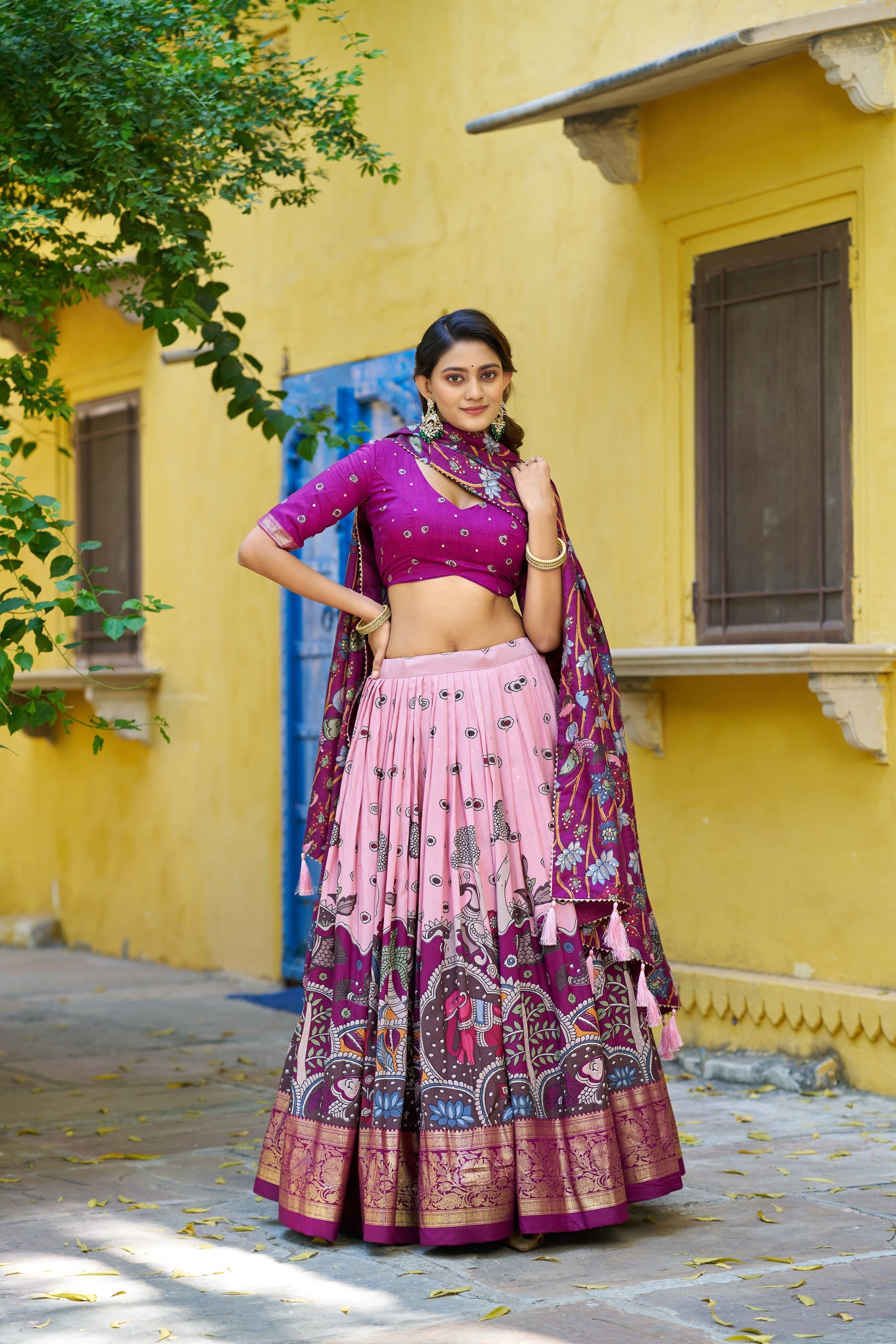 Lorenvalley Fashion Multicolor Tussar Silk Kalamkari Print with Foil Work Border Lehenga Choli with Dupatta