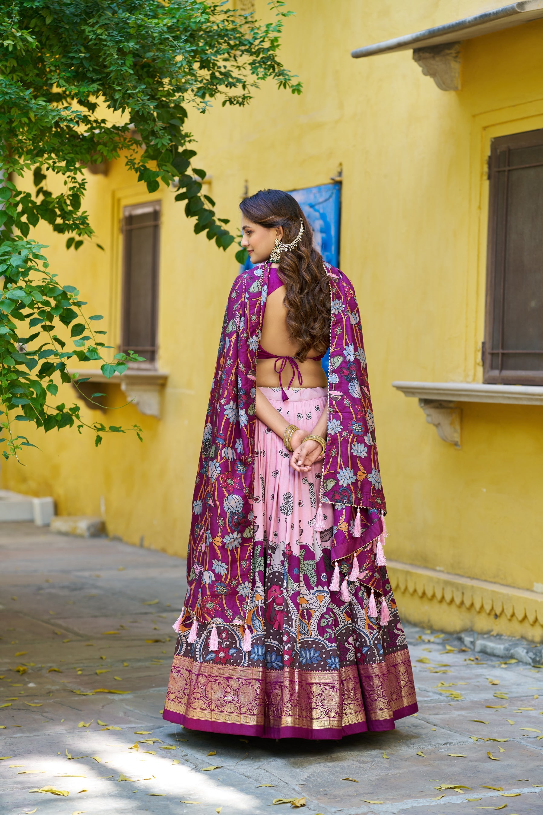 Lorenvalley Fashion Multicolor Tussar Silk Kalamkari Print with Foil Work Border Lehenga Choli with Dupatta