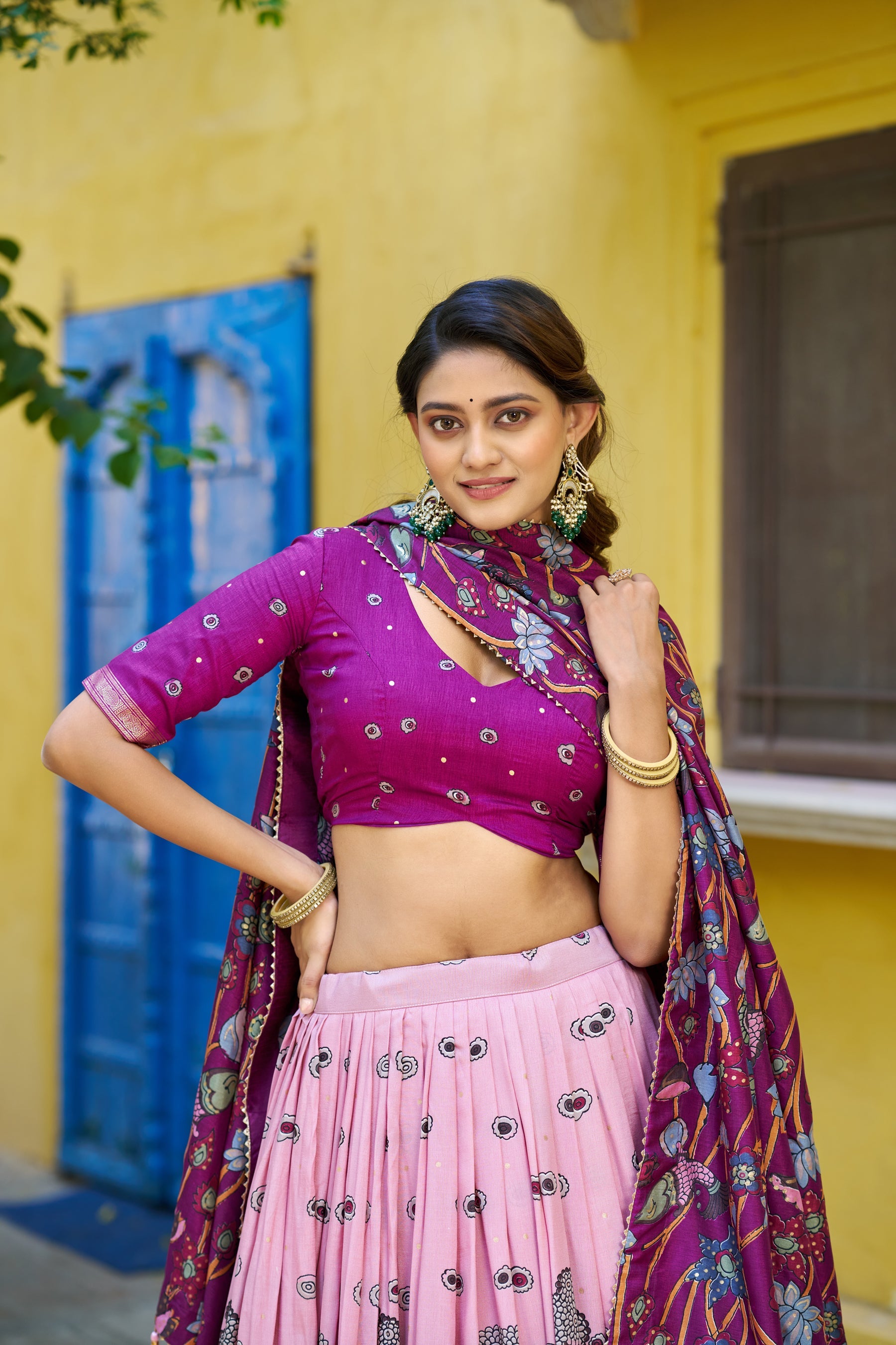 Lorenvalley Fashion Multicolor Tussar Silk Kalamkari Print with Foil Work Border Lehenga Choli with Dupatta