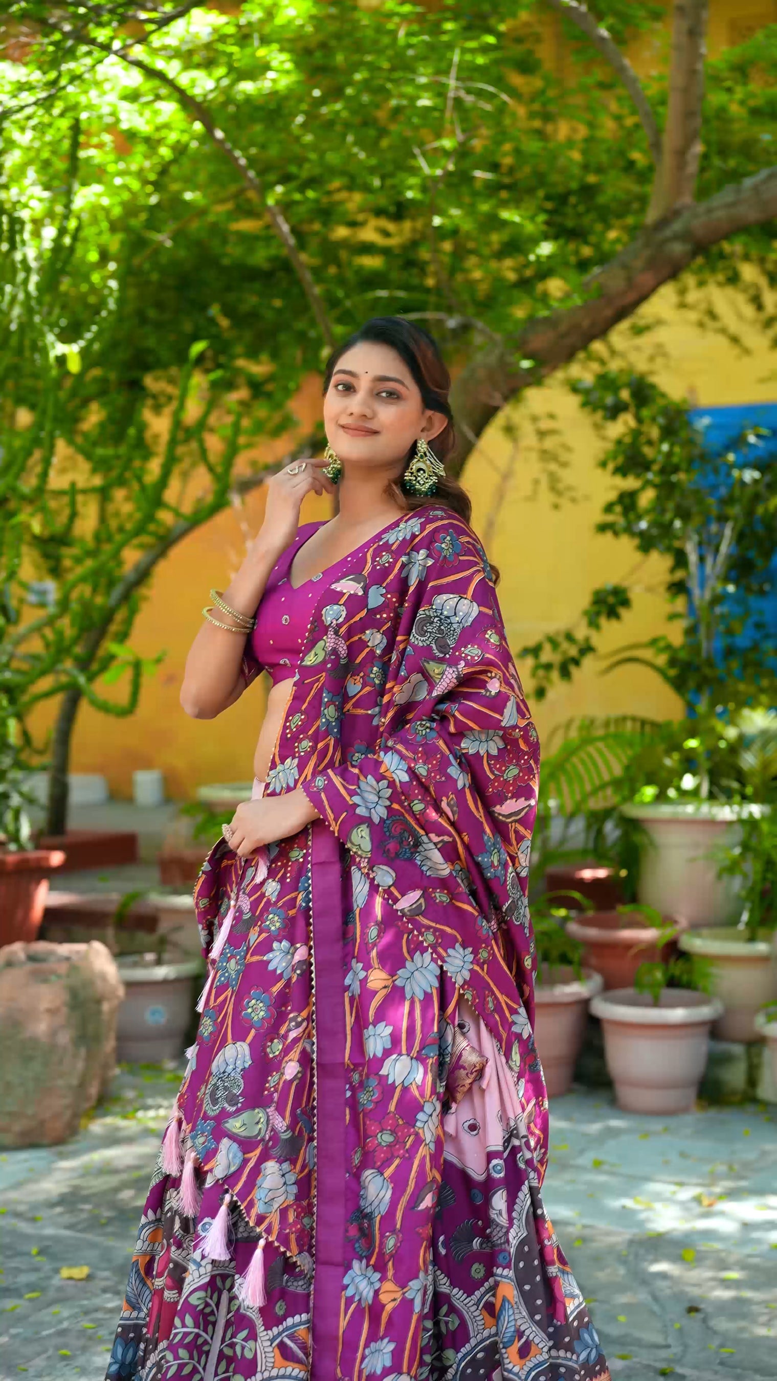 Lorenvalley Fashion Multicolor Tussar Silk Kalamkari Print with Foil Work Border Lehenga Choli with Dupatta