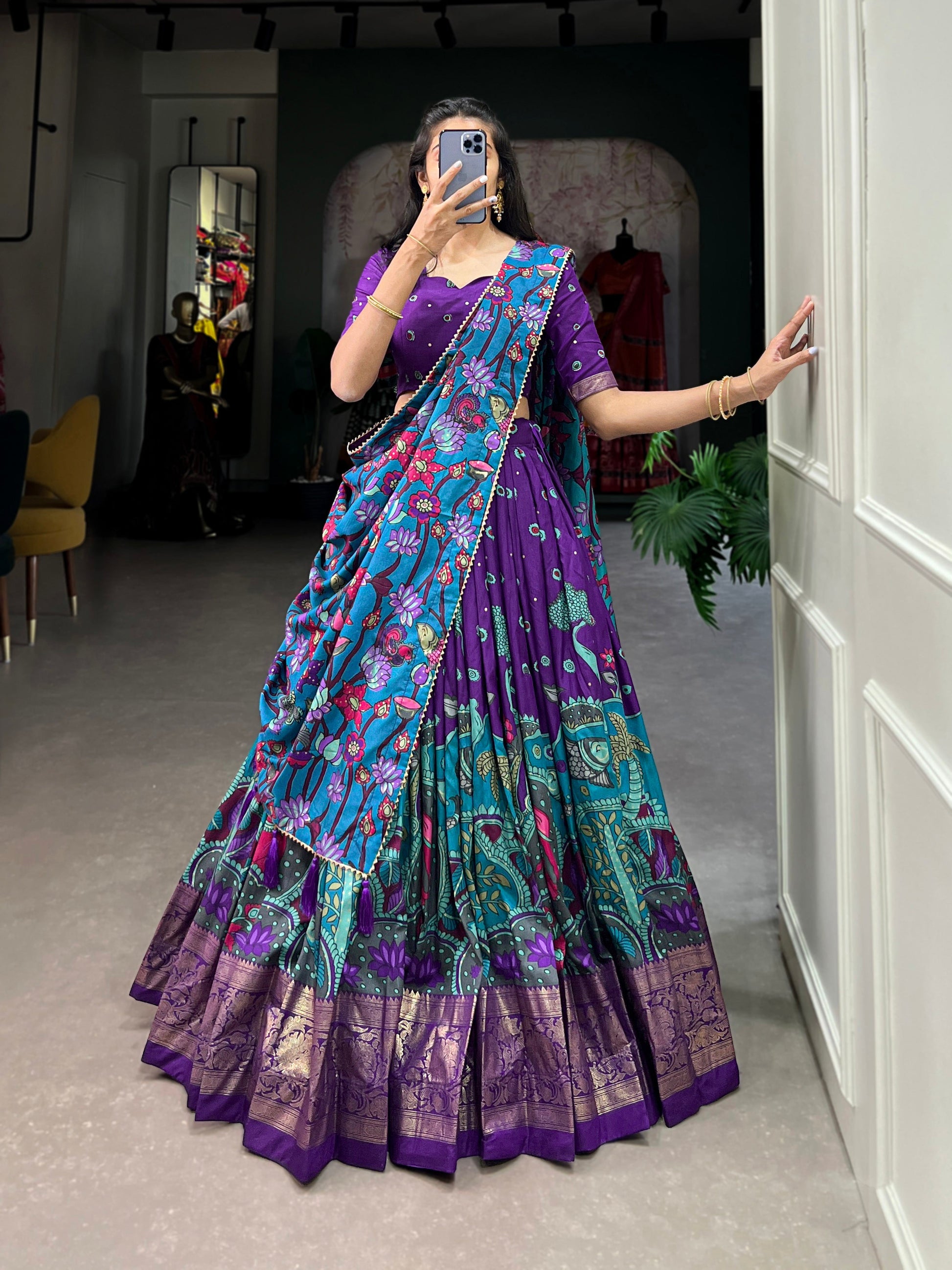Lorenvalley Purple Tussar Silk Kalamkari Print with Foil Work Border Lehenga Choli with Dupatta 