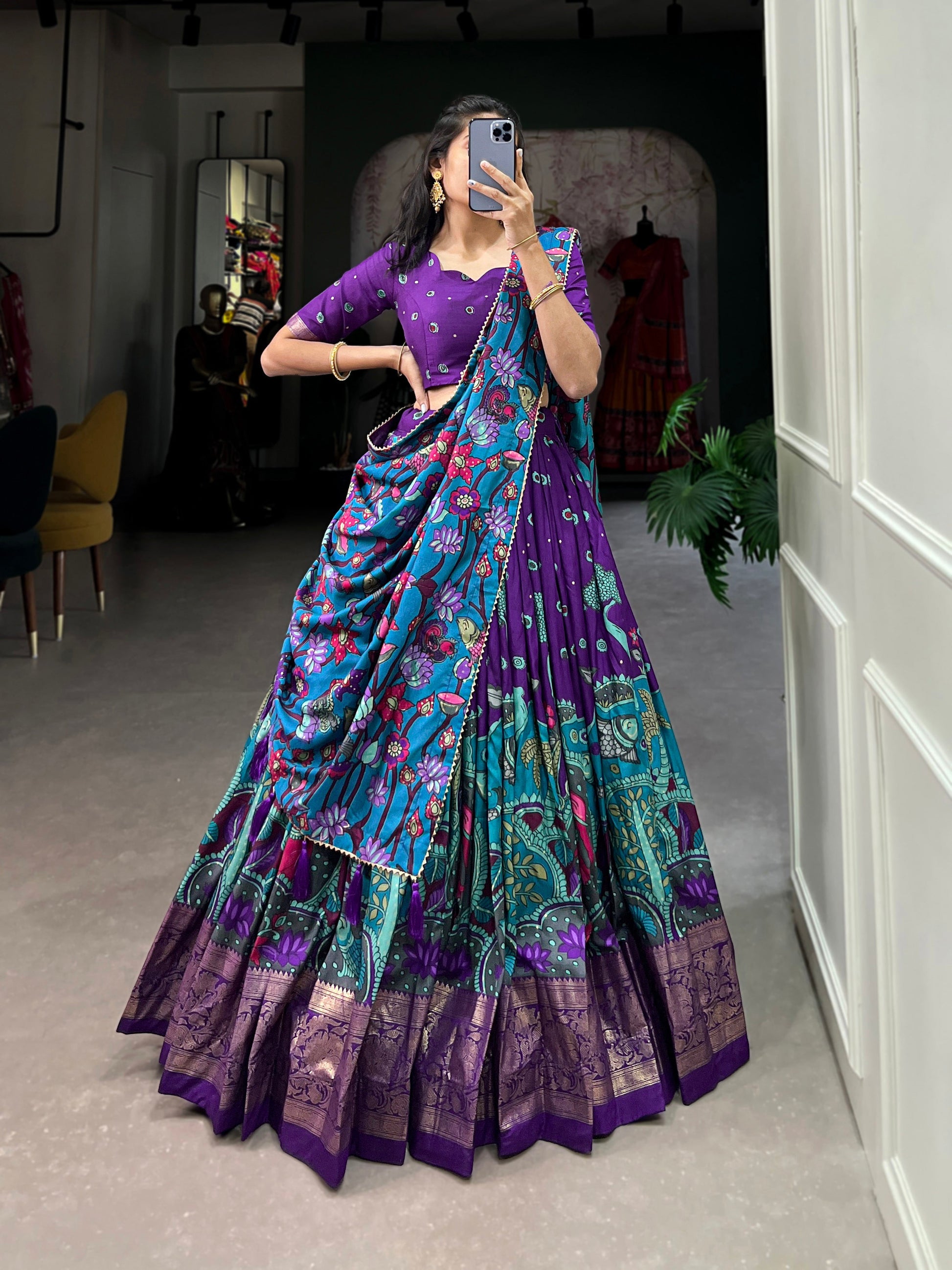 Lorenvalley Purple Tussar Silk Kalamkari Print with Foil Work Border Lehenga Choli with Dupatta 