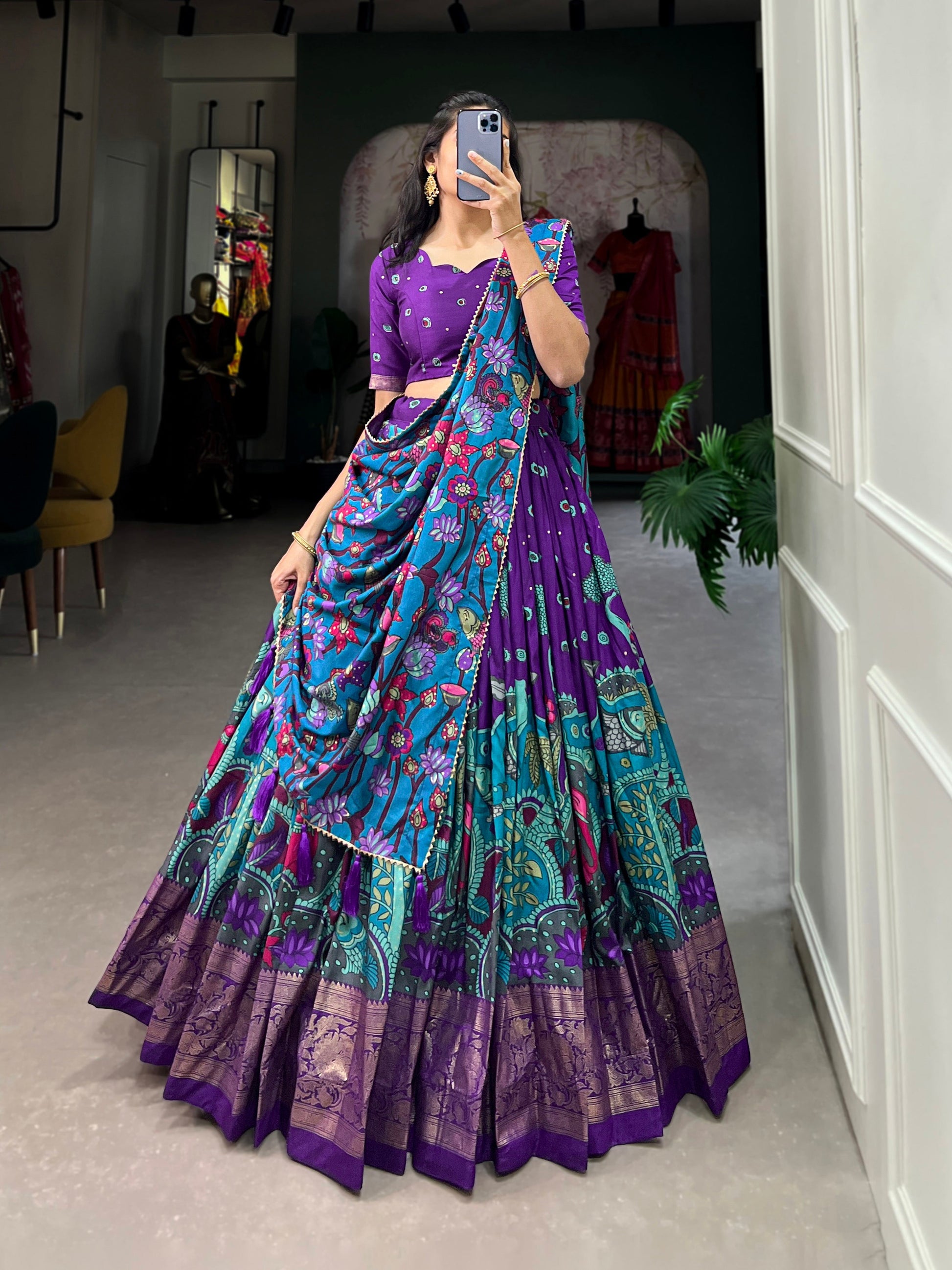 Lorenvalley Purple Tussar Silk Kalamkari Print with Foil Work Border Lehenga Choli with Dupatta 