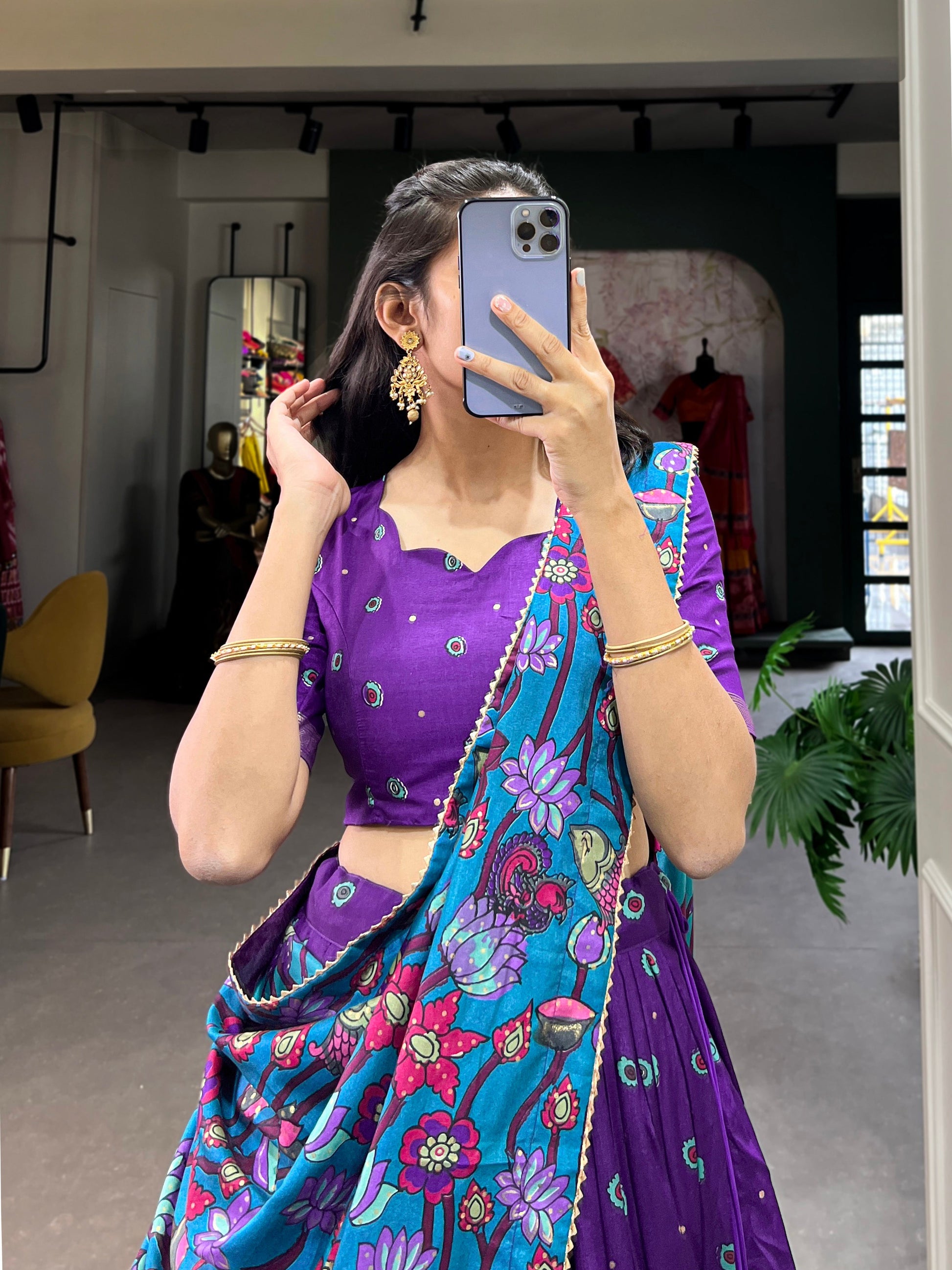 Lorenvalley Purple Tussar Silk Kalamkari Print with Foil Work Border Lehenga Choli with Dupatta 