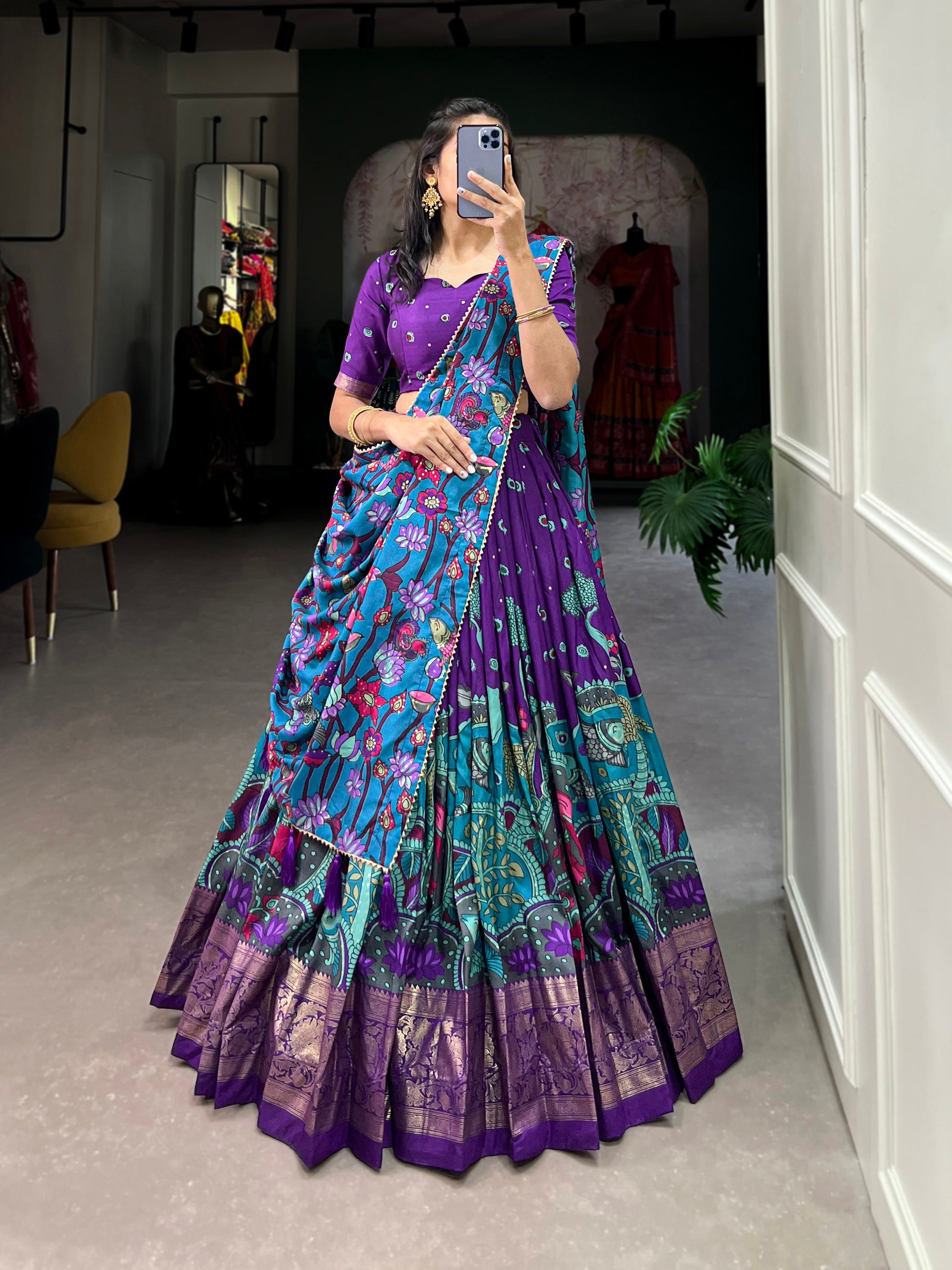 Lorenvalley Purple Tussar Silk Kalamkari Print with Foil Work Border Lehenga Choli with Dupatta 