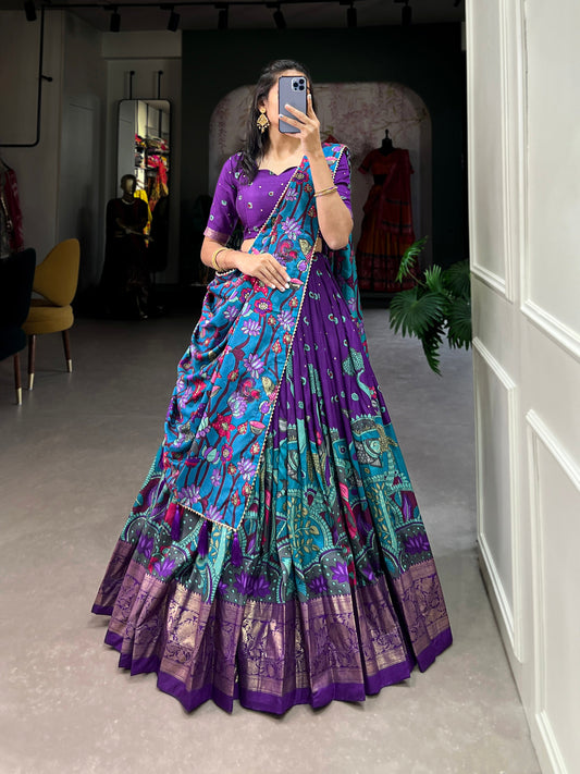 Lorenvalley Purple Tussar Silk Kalamkari Print with Foil Work Border Lehenga Choli with Dupatta 