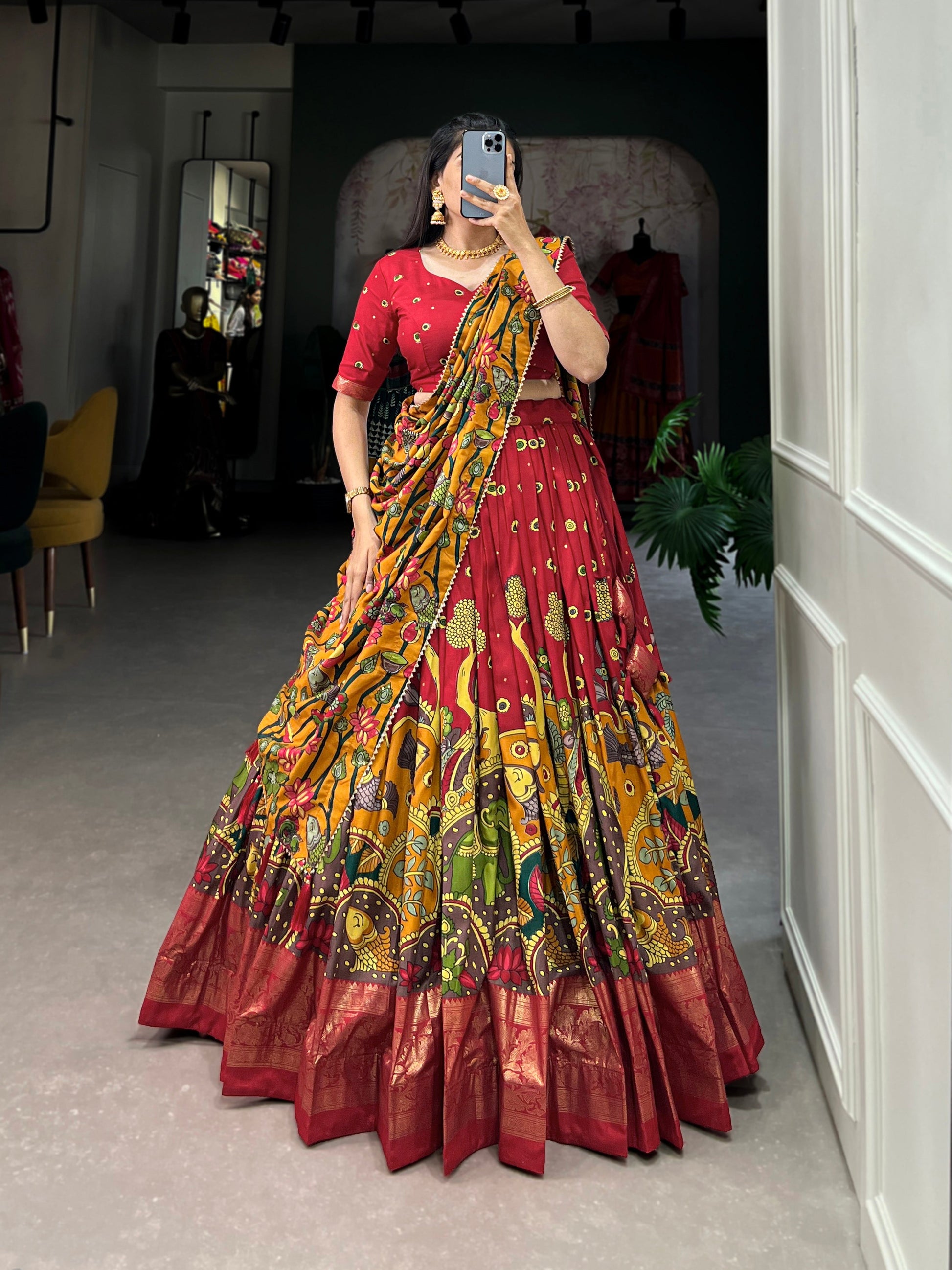Lorenvalley Red Tussar Silk Kalamkari Print with Foil Work Border Lehenga Choli with Dupatta 