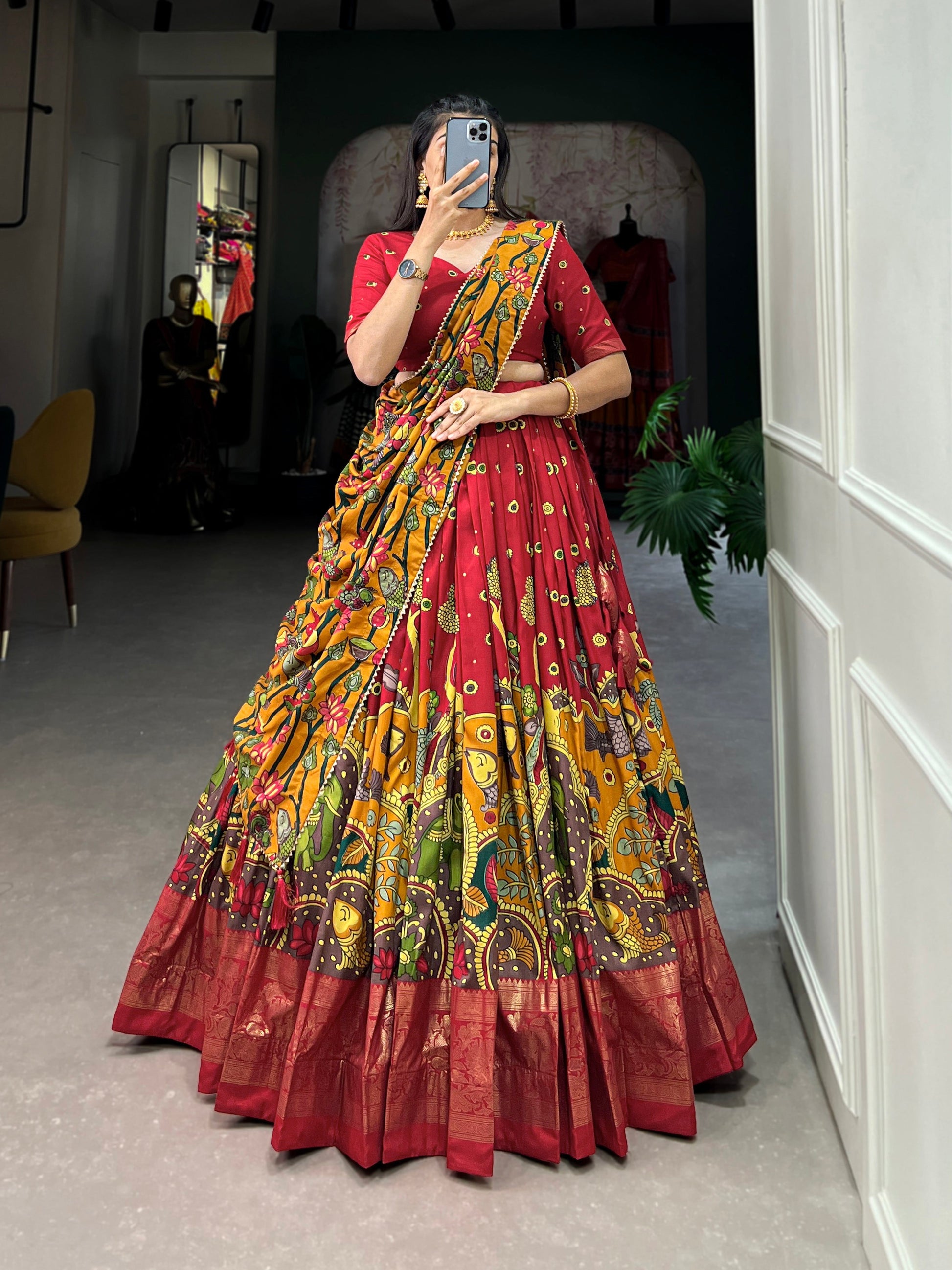Lorenvalley Red Tussar Silk Kalamkari Print with Foil Work Border Lehenga Choli with Dupatta 