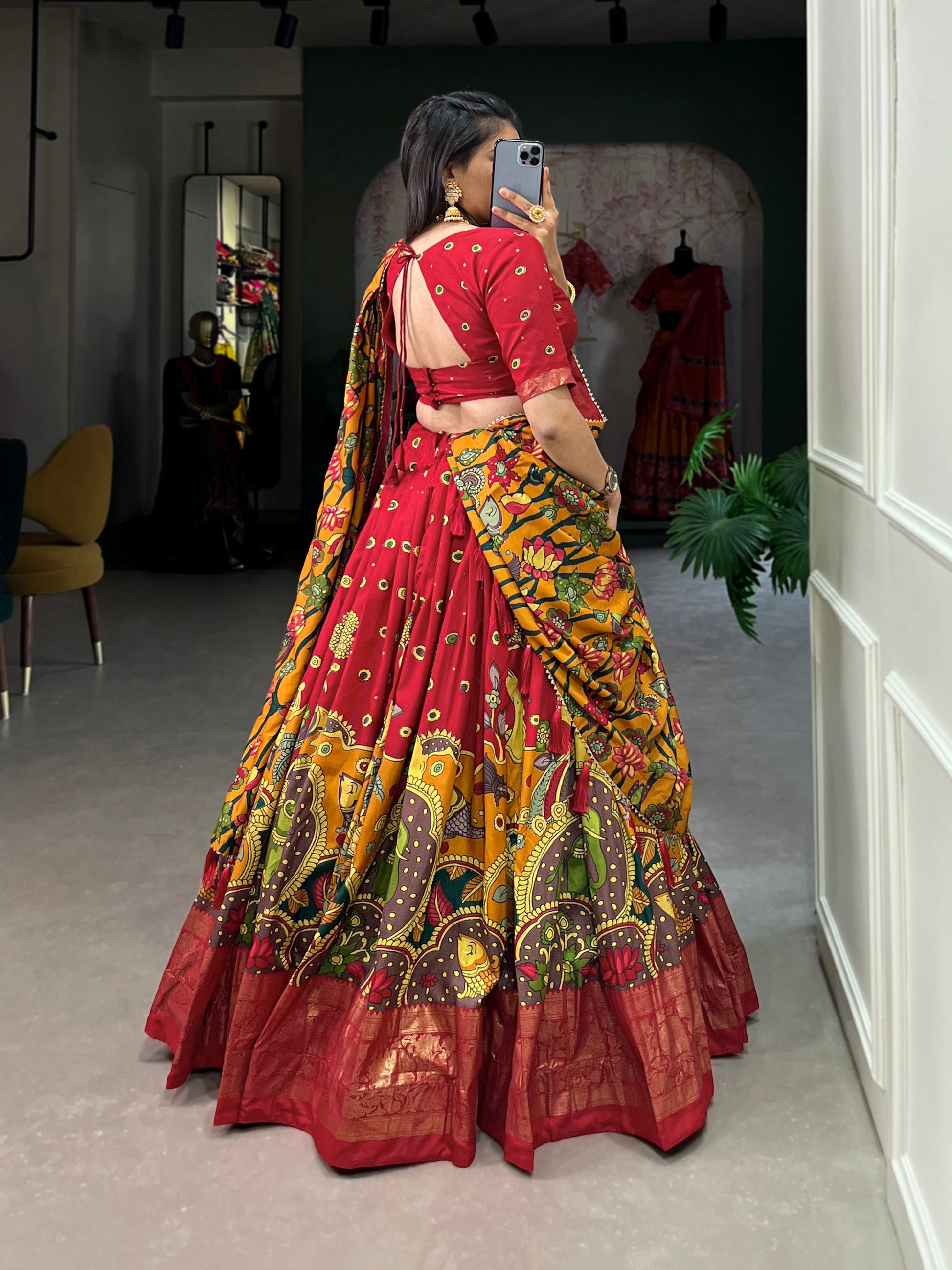 Lorenvalley Red Tussar Silk Kalamkari Print with Foil Work Border Lehenga Choli with Dupatta 