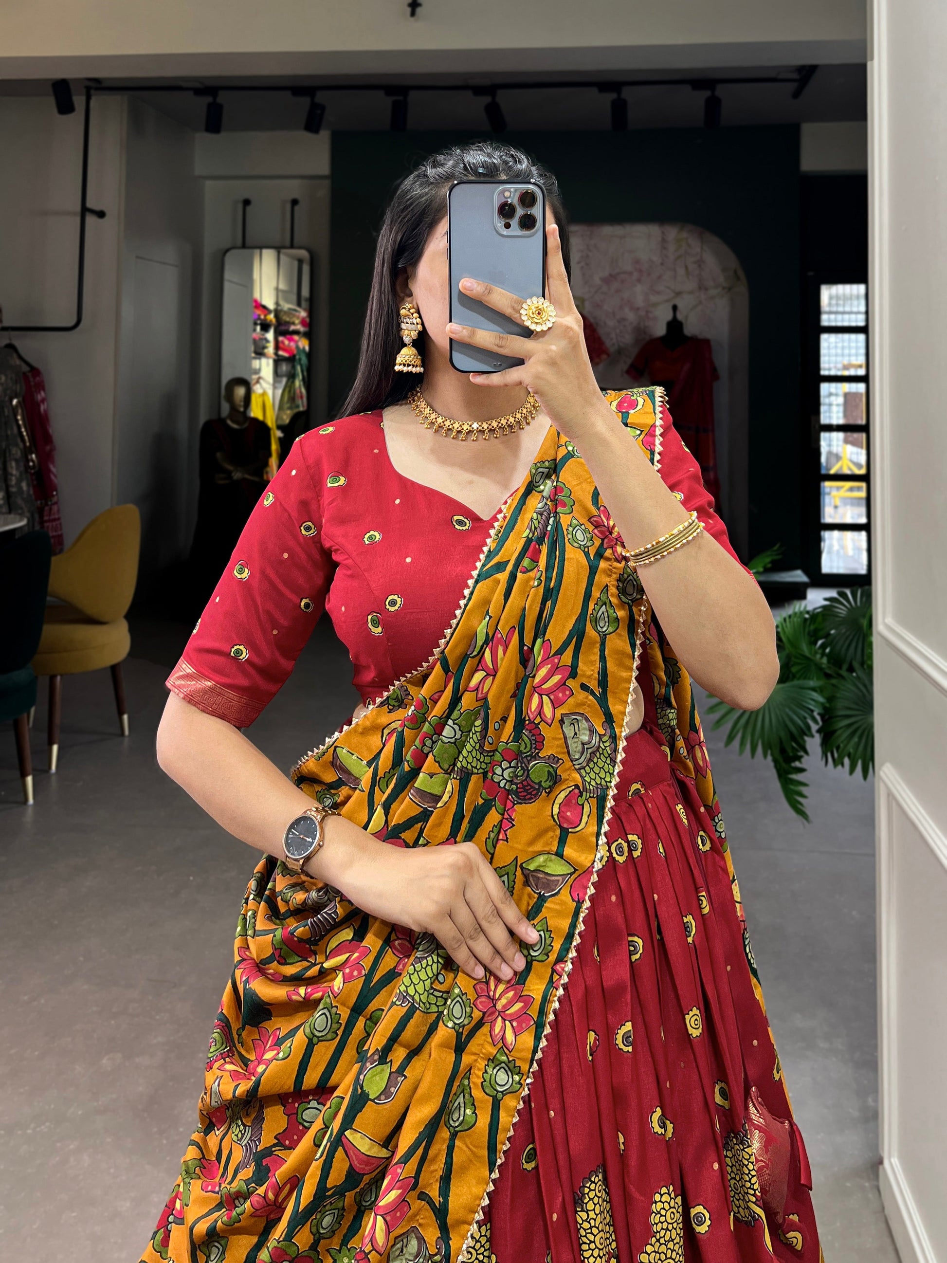 Lorenvalley Red Tussar Silk Kalamkari Print with Foil Work Border Lehenga Choli with Dupatta 