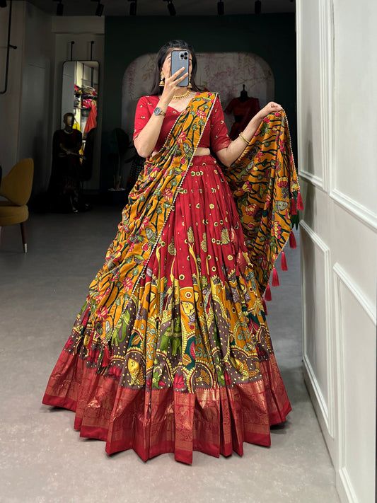 Lorenvalley Red Tussar Silk Kalamkari Print with Foil Work Border Lehenga Choli with Dupatta 