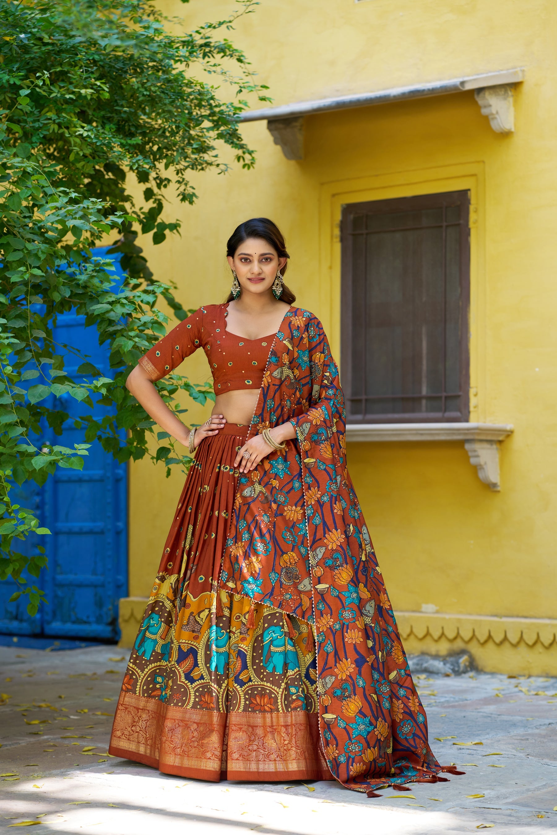 Lorenvalley Fashion Multicolor Tussar Silk Kalamkari Print with Foil Work Border Lehenga Choli with Dupatta