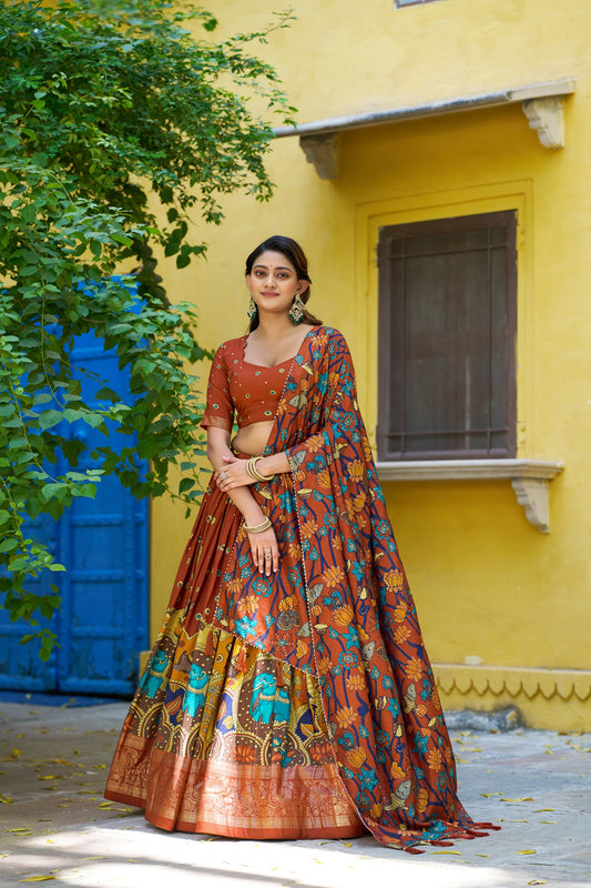 Lorenvalley Fashion Multicolor Tussar Silk Kalamkari Print with Foil Work Border Lehenga Choli with Dupatta