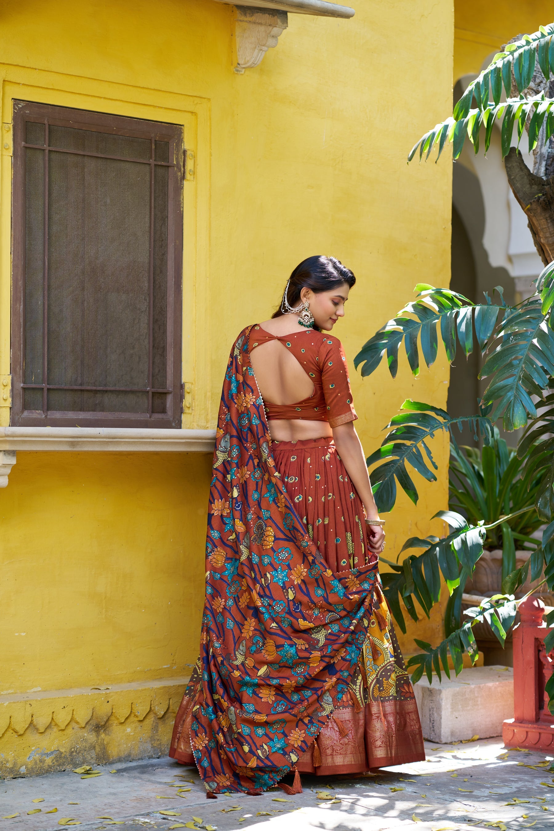 Lorenvalley Fashion Multicolor Tussar Silk Kalamkari Print with Foil Work Border Lehenga Choli with Dupatta