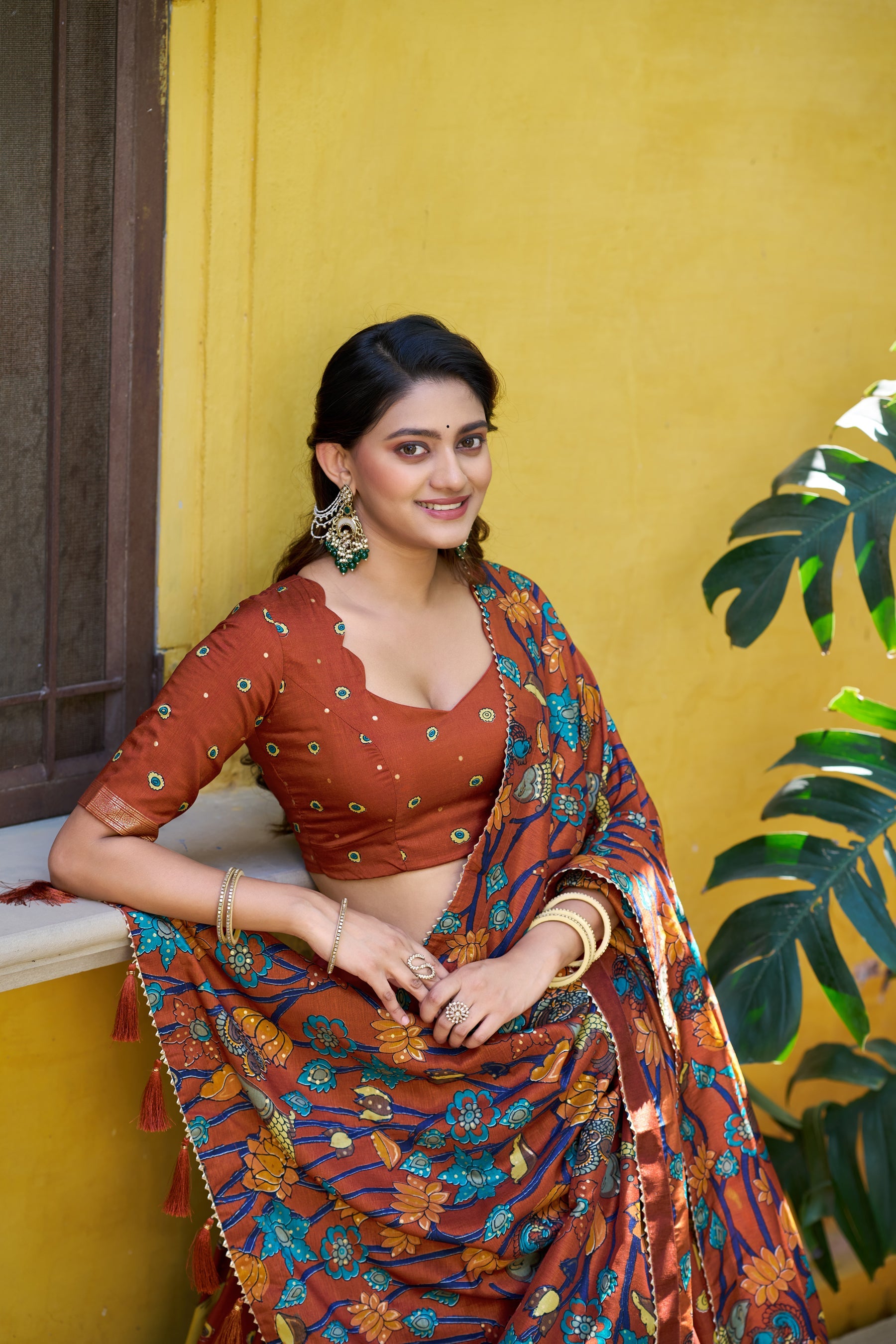 Lorenvalley Fashion Multicolor Tussar Silk Kalamkari Print with Foil Work Border Lehenga Choli with Dupatta