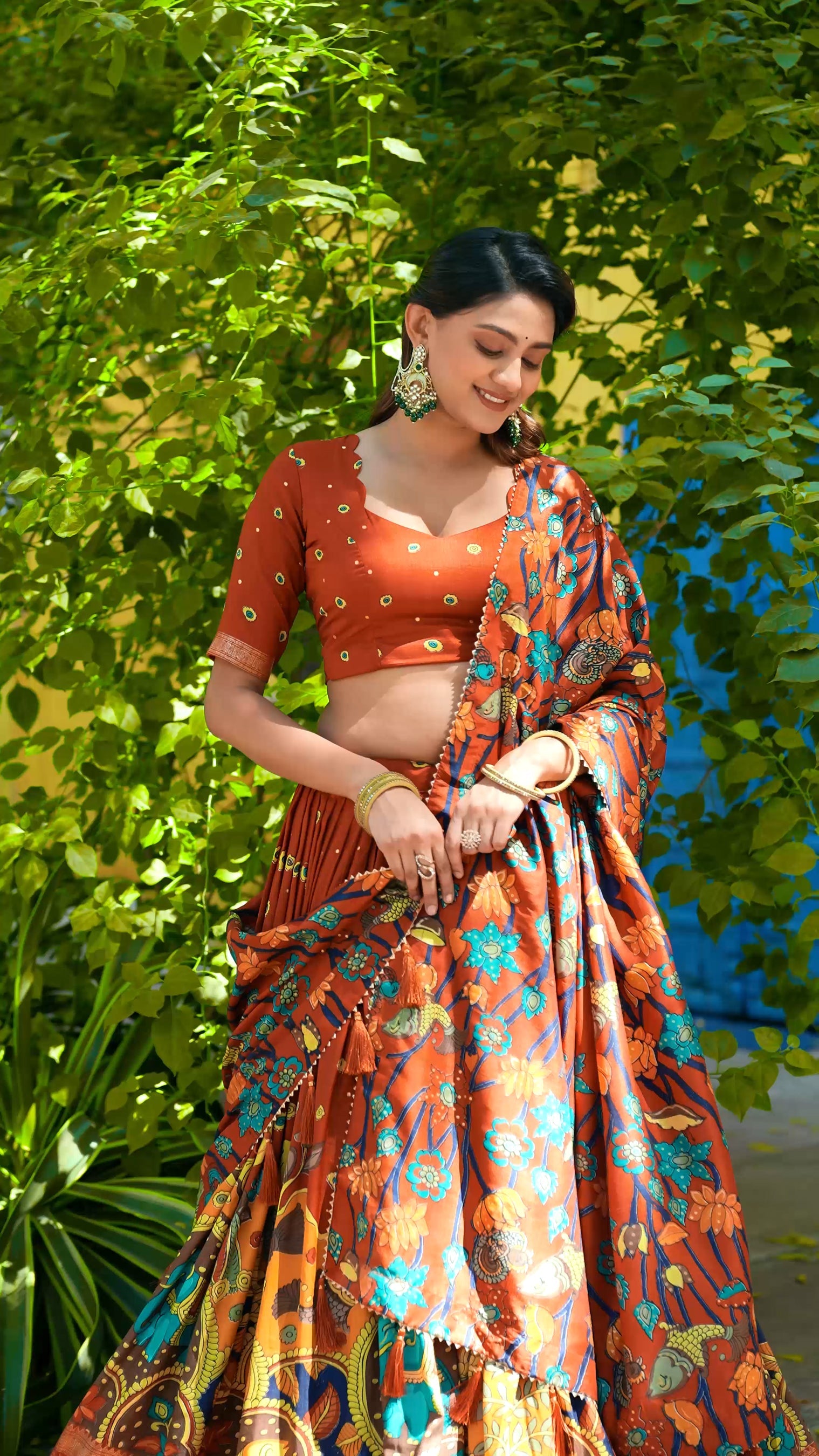 Lorenvalley Fashion Multicolor Tussar Silk Kalamkari Print with Foil Work Border Lehenga Choli with Dupatta