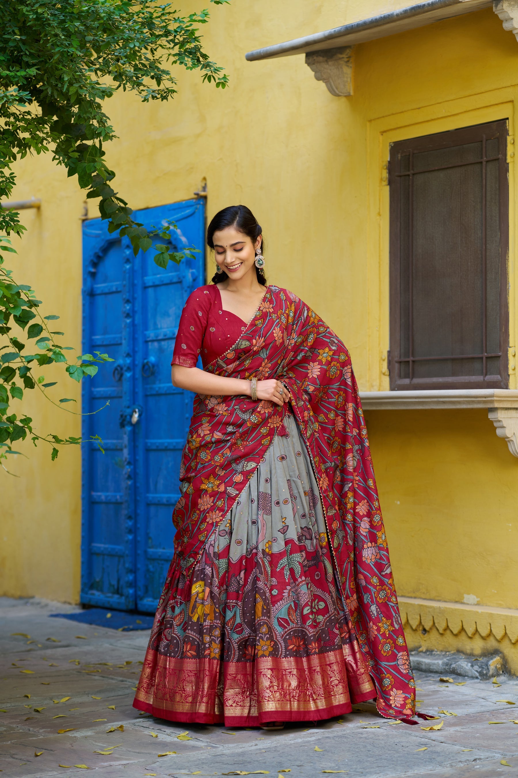Lorenvalley Fashion Multicolor Tussar Silk Kalamkari Print with Foil Work Border Lehenga Choli with Dupatta