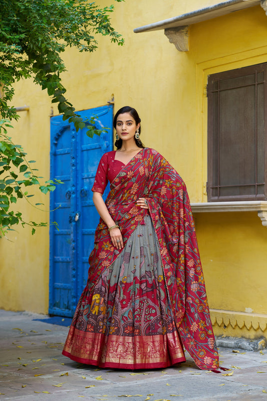 Lorenvalley Fashion Multicolor Tussar Silk Kalamkari Print with Foil Work Border Lehenga Choli with Dupatta