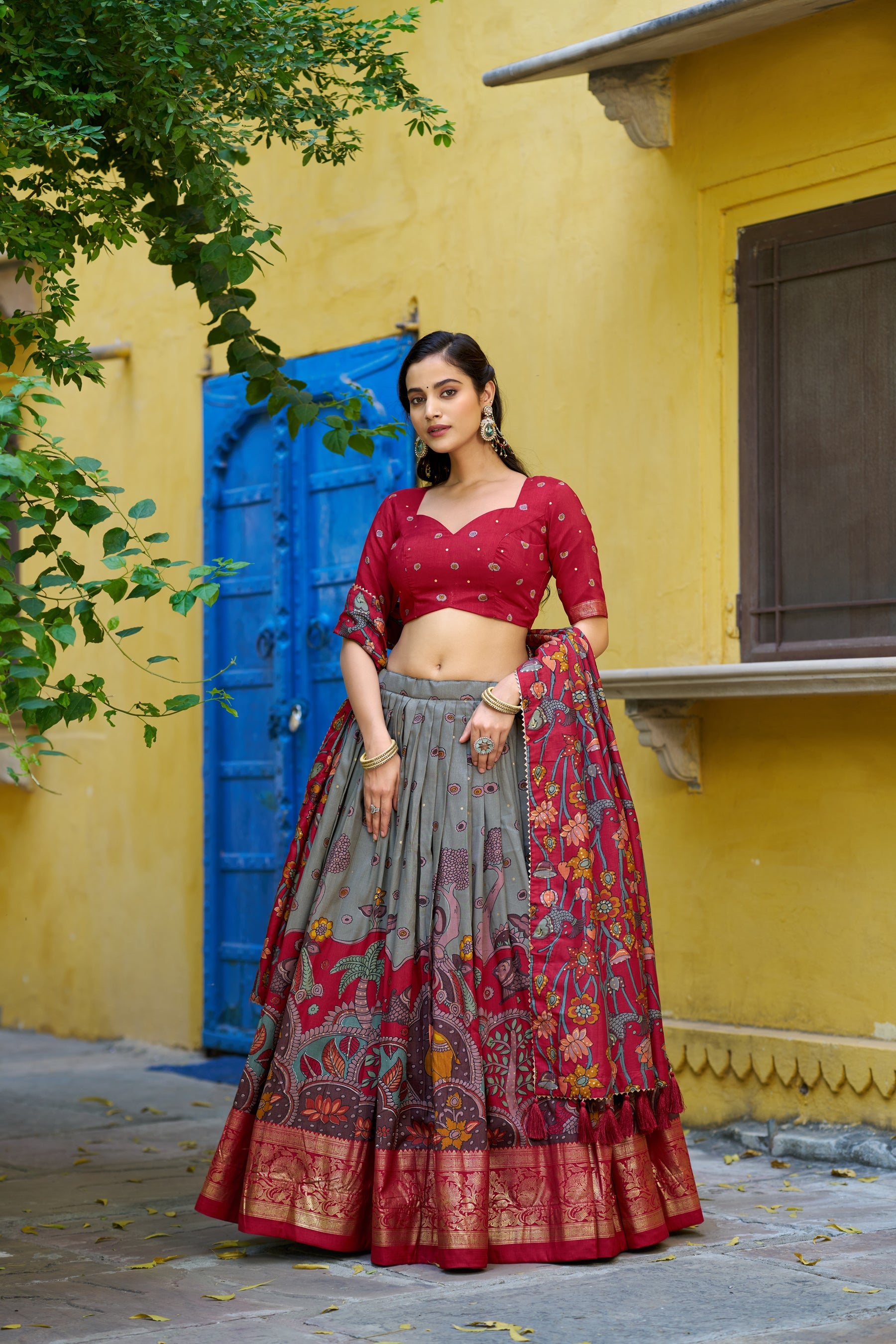 Lorenvalley Fashion Multicolor Tussar Silk Kalamkari Print with Foil Work Border Lehenga Choli with Dupatta