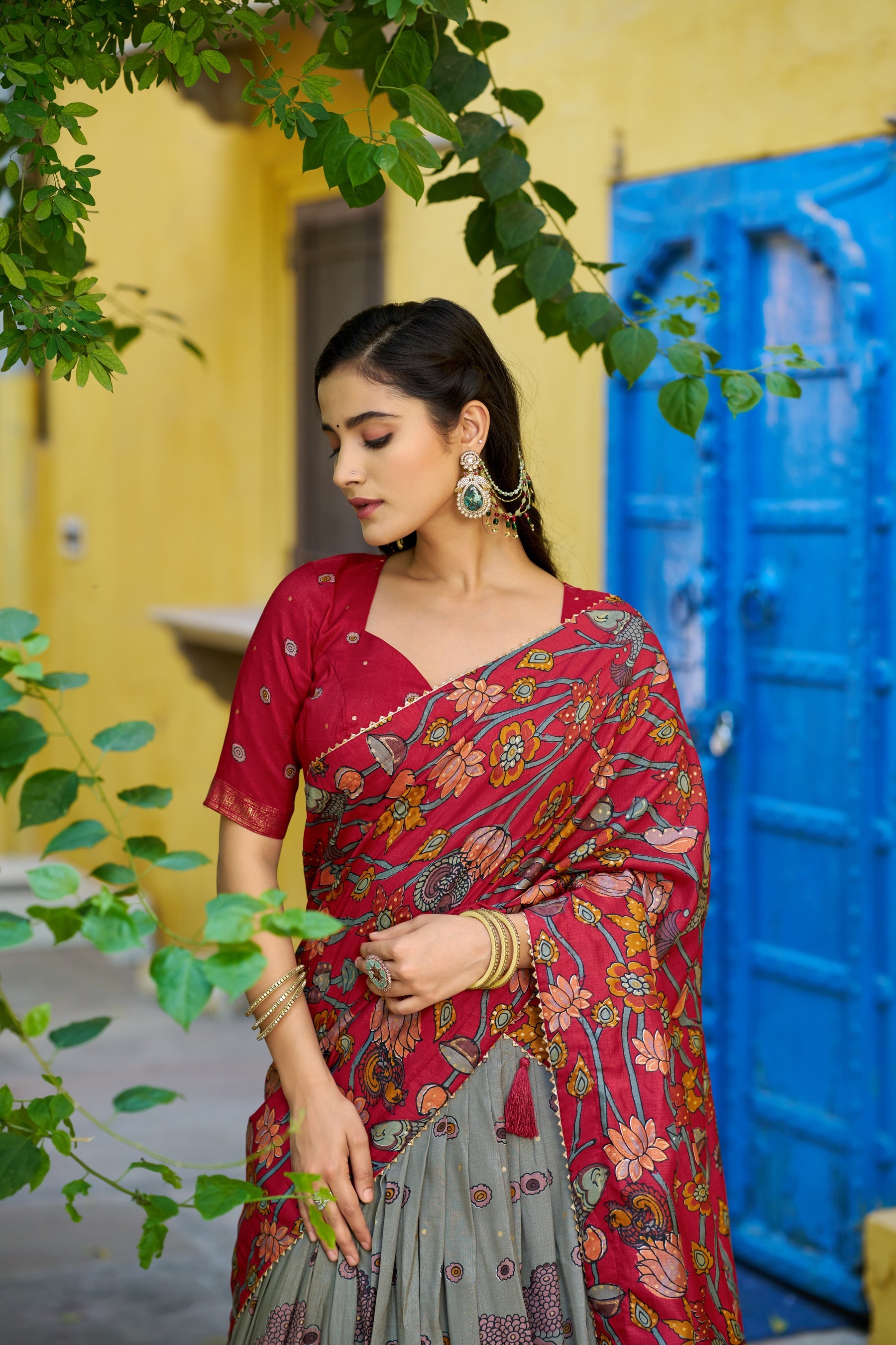 Lorenvalley Fashion Multicolor Tussar Silk Kalamkari Print with Foil Work Border Lehenga Choli with Dupatta