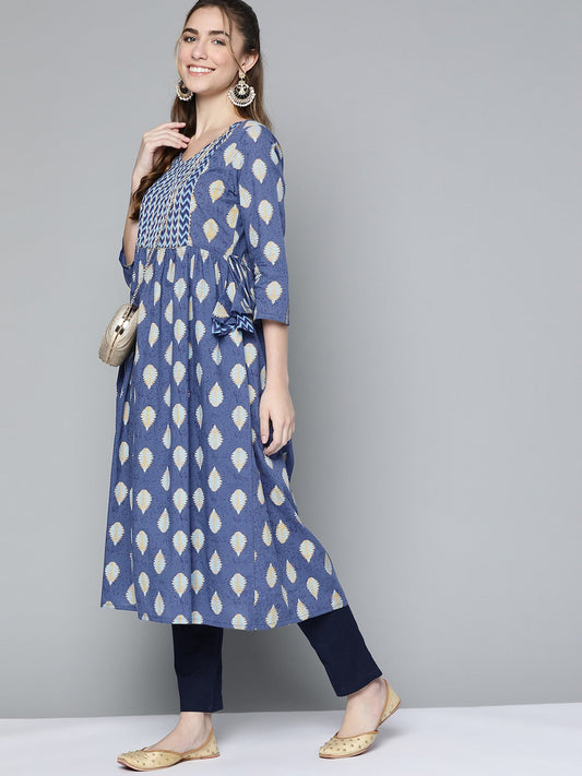 HERE&NOW Women Navy Blue & Mustard Yellow Ethnic Printed Gotta Patti Pure Cotton Kurta