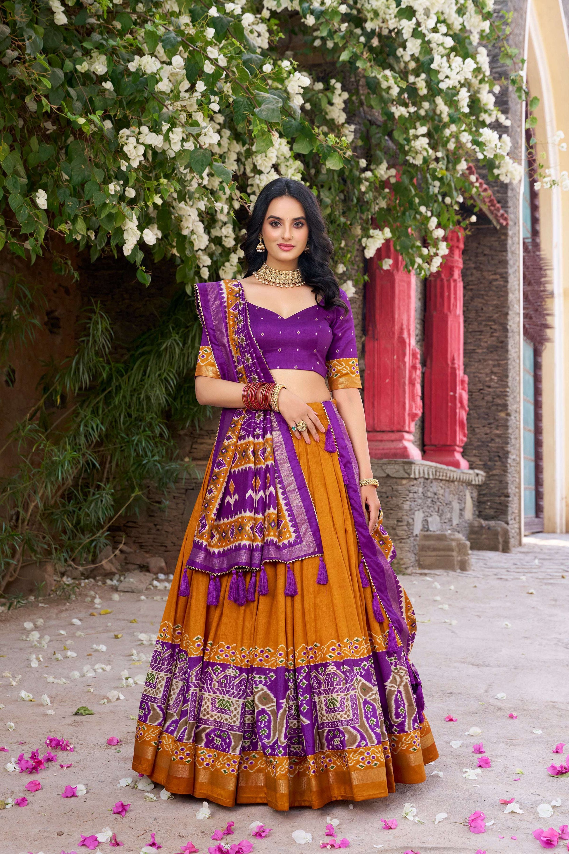 Lorenvalley Fashion Mustard Tussar Silk Patola Printed With Foil Work Lehenga Choli with Dupatta 