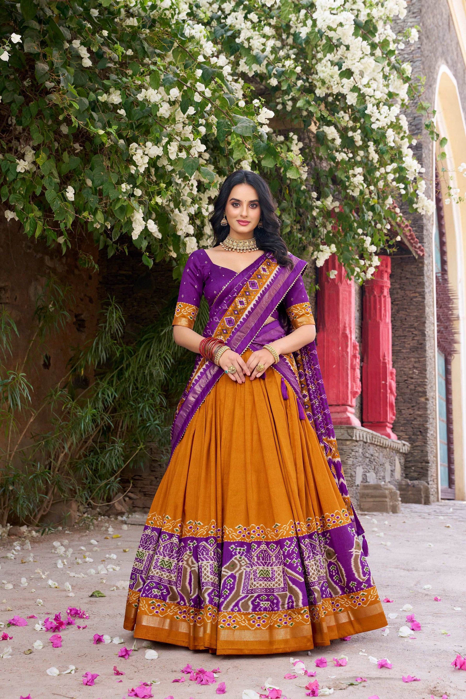 Lorenvalley Fashion Mustard Tussar Silk Patola Printed With Foil Work Lehenga Choli with Dupatta 