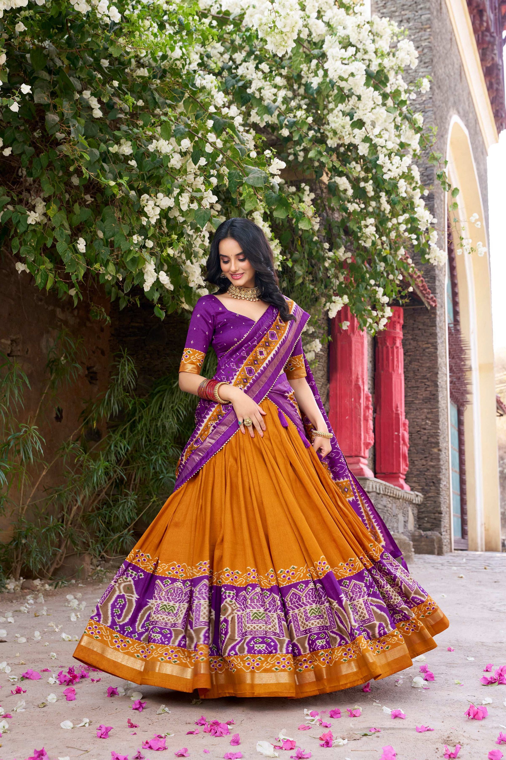 Lorenvalley Fashion Mustard Tussar Silk Patola Printed With Foil Work Lehenga Choli with Dupatta 