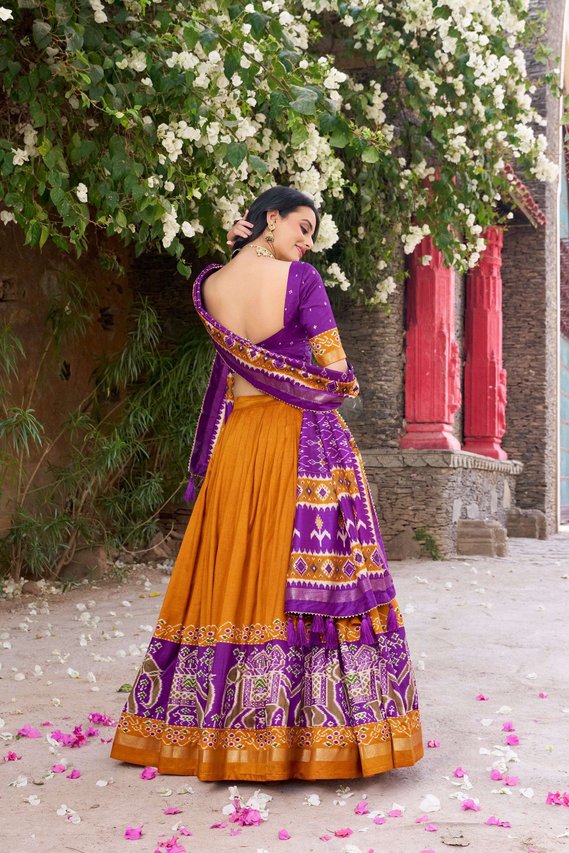 Lorenvalley Fashion Mustard Tussar Silk Patola Printed With Foil Work Lehenga Choli with Dupatta 