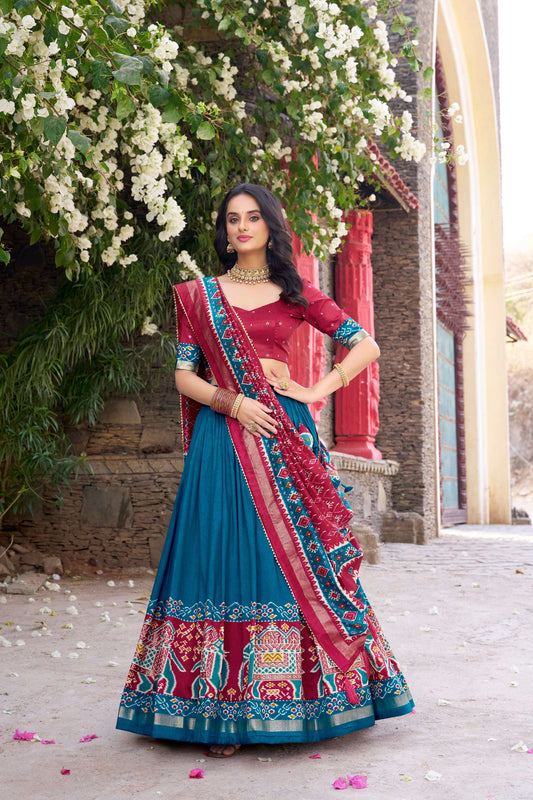 Lorenvalley Fashion Teal Tussar Silk Patola Printed With Foil Work Lehenga Choli with Dupatta 