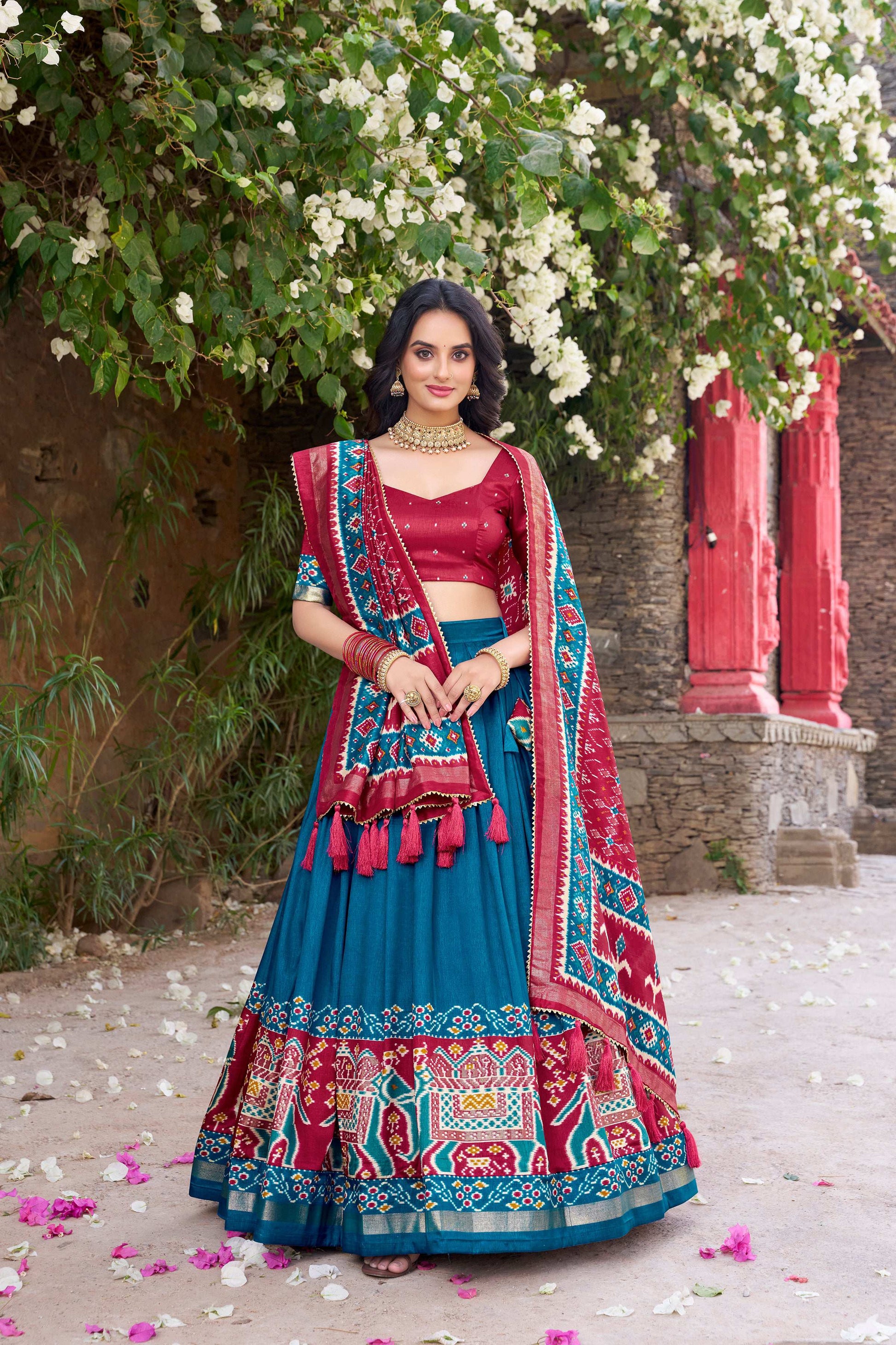 Lorenvalley Fashion Teal Tussar Silk Patola Printed With Foil Work Lehenga Choli with Dupatta 