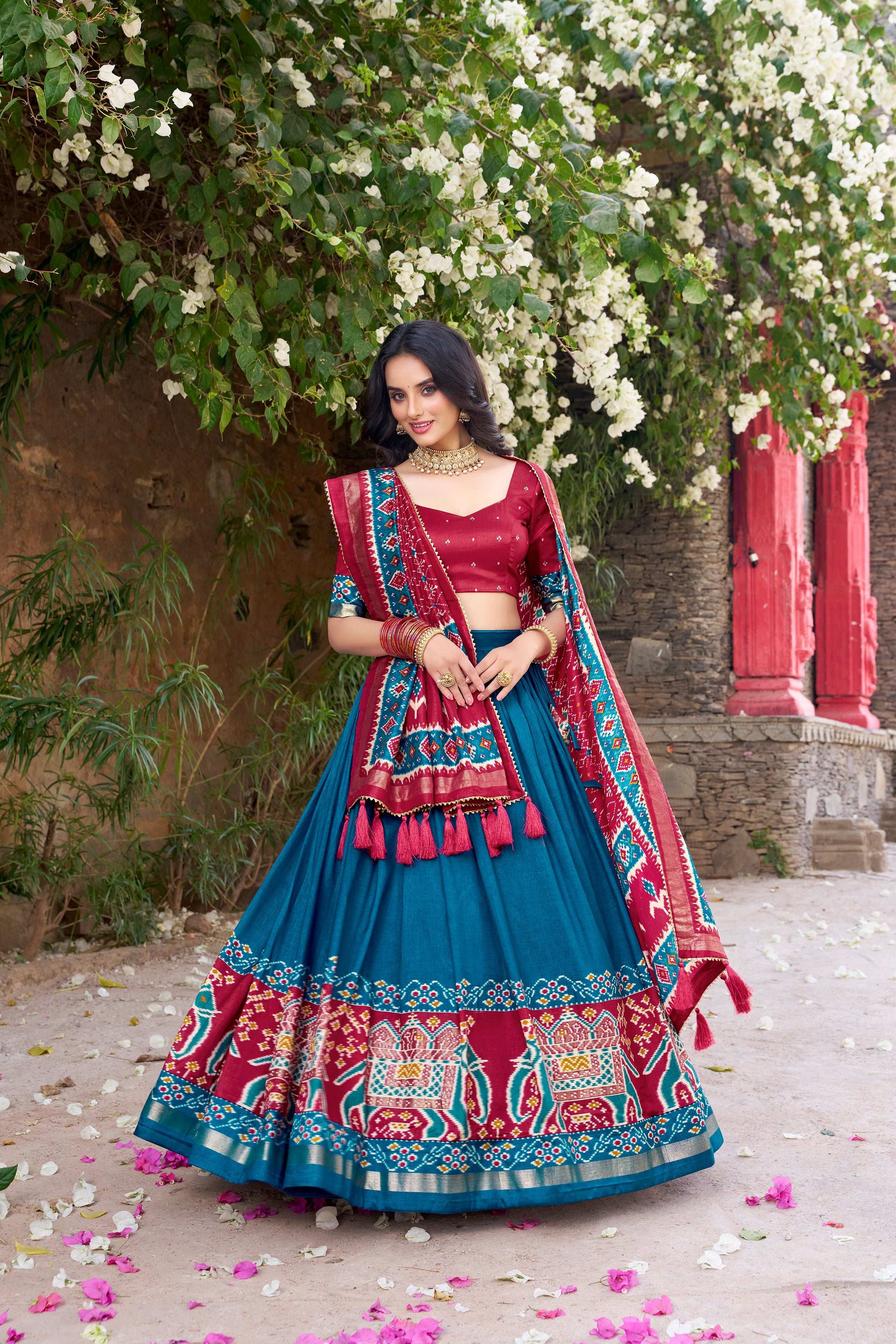 Lorenvalley Fashion Teal Tussar Silk Patola Printed With Foil Work Lehenga Choli with Dupatta 