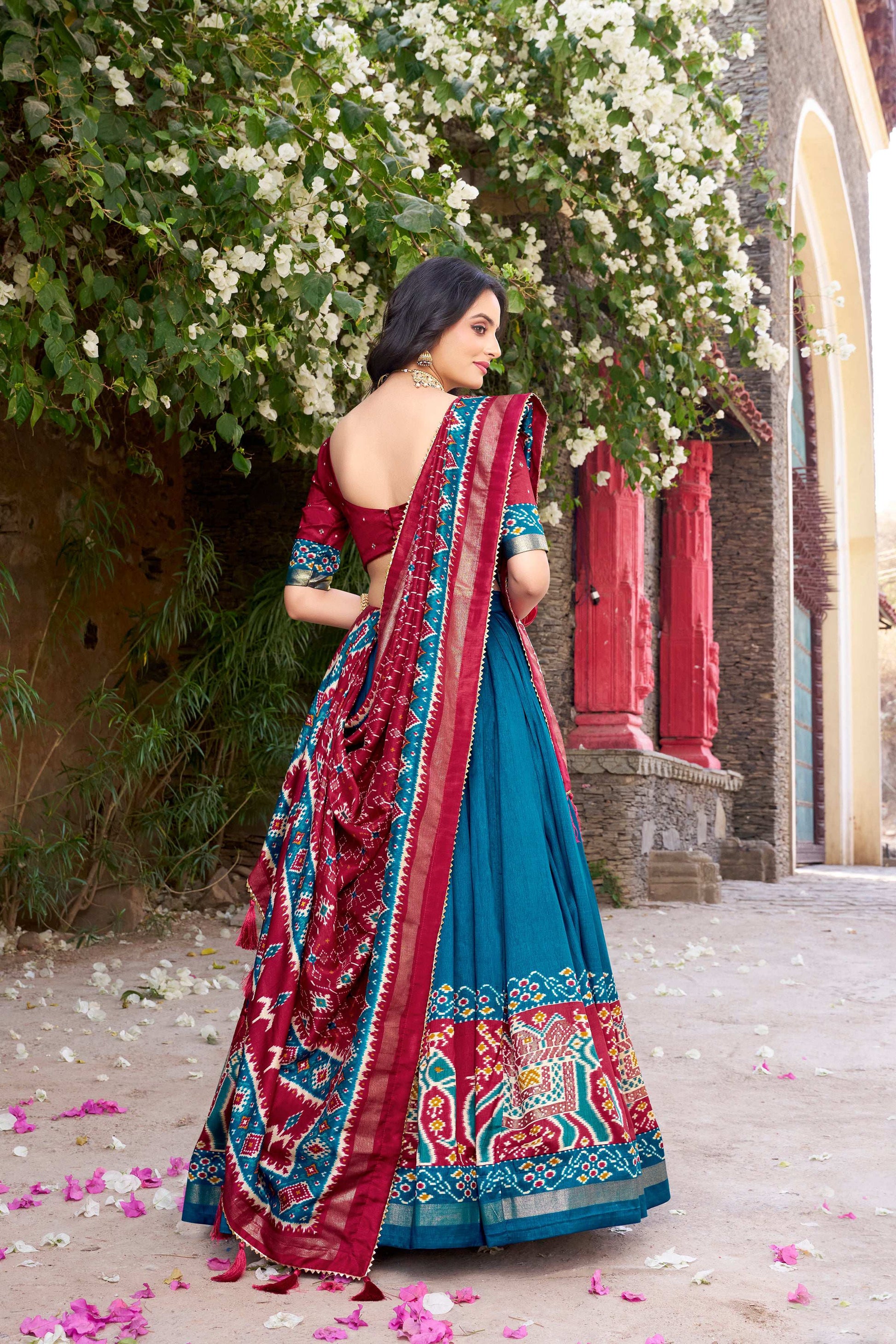 Lorenvalley Fashion Teal Tussar Silk Patola Printed With Foil Work Lehenga Choli with Dupatta 